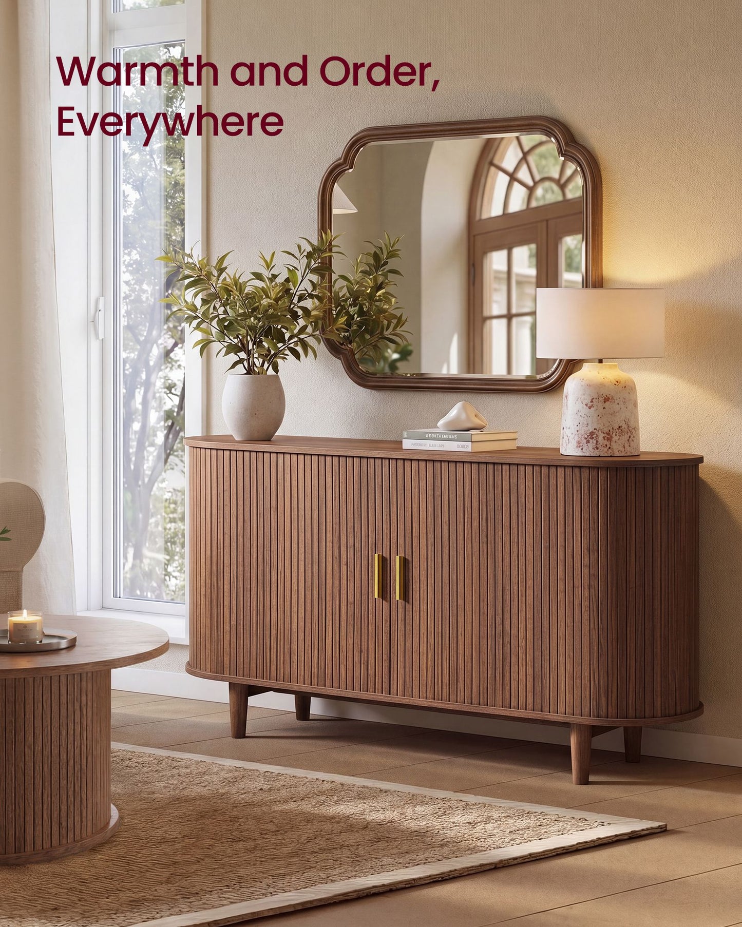 VASAGLE Mid Century Modern Sideboard with Adjustable Shelves – Walnut