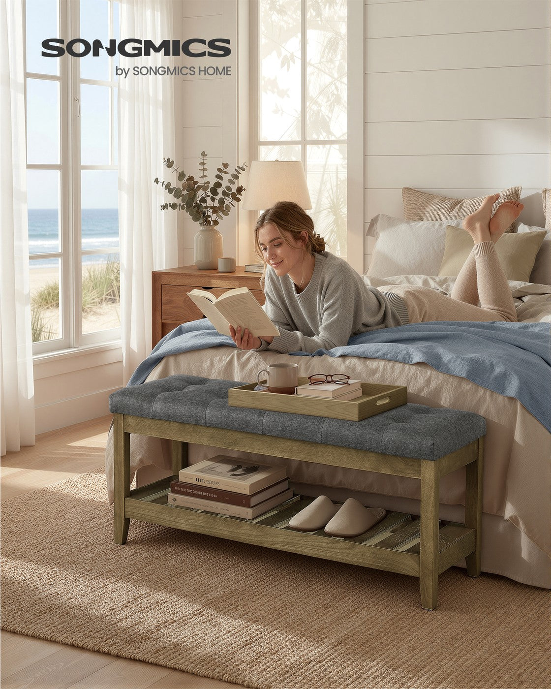 SONGMICS Storage Ottoman, Solid Wood Frame, 15.7 X 42.9 X 17.7 Inches, Slate Gray