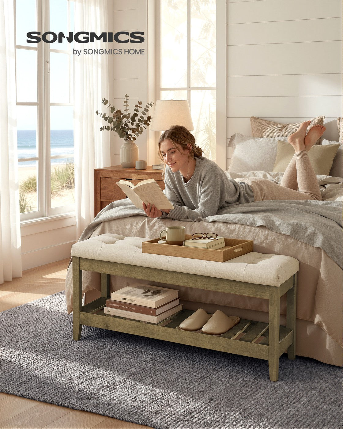 SONGMICS Storage Ottoman, Solid Wood Frame, 15.7 X 42.9 X 17.7 Inches, Summer Sand