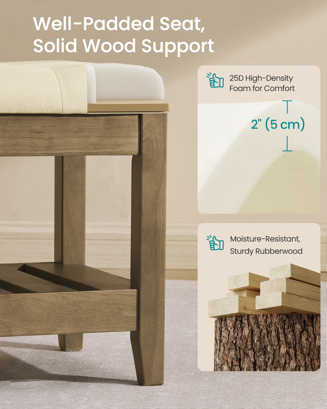 SONGMICS Storage Ottoman, Solid Wood Frame, 15.7 X 42.9 X 17.7 Inches, Summer Sand