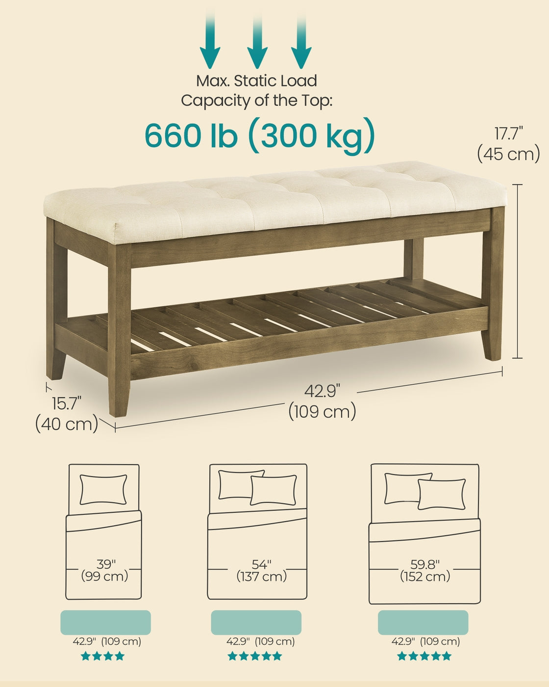 SONGMICS Storage Ottoman, Solid Wood Frame, 15.7 X 42.9 X 17.7 Inches, Summer Sand