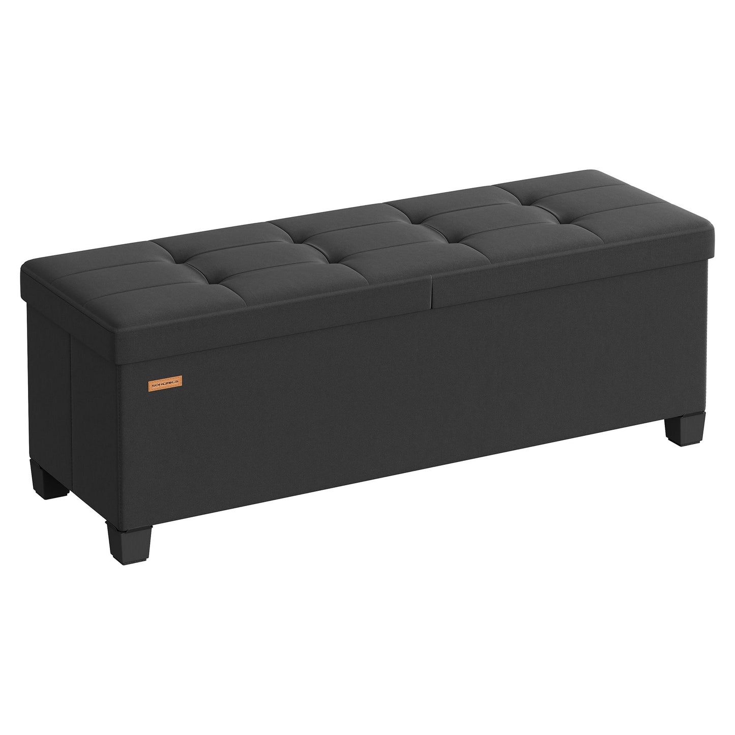 SONGMICS Folding Linen Look Storage Ottoman Bench with Legs – Ink Black