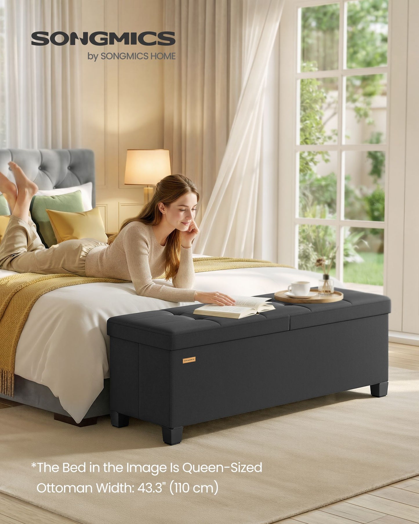 SONGMICS Folding Linen Look Storage Ottoman Bench with Legs – Ink Black