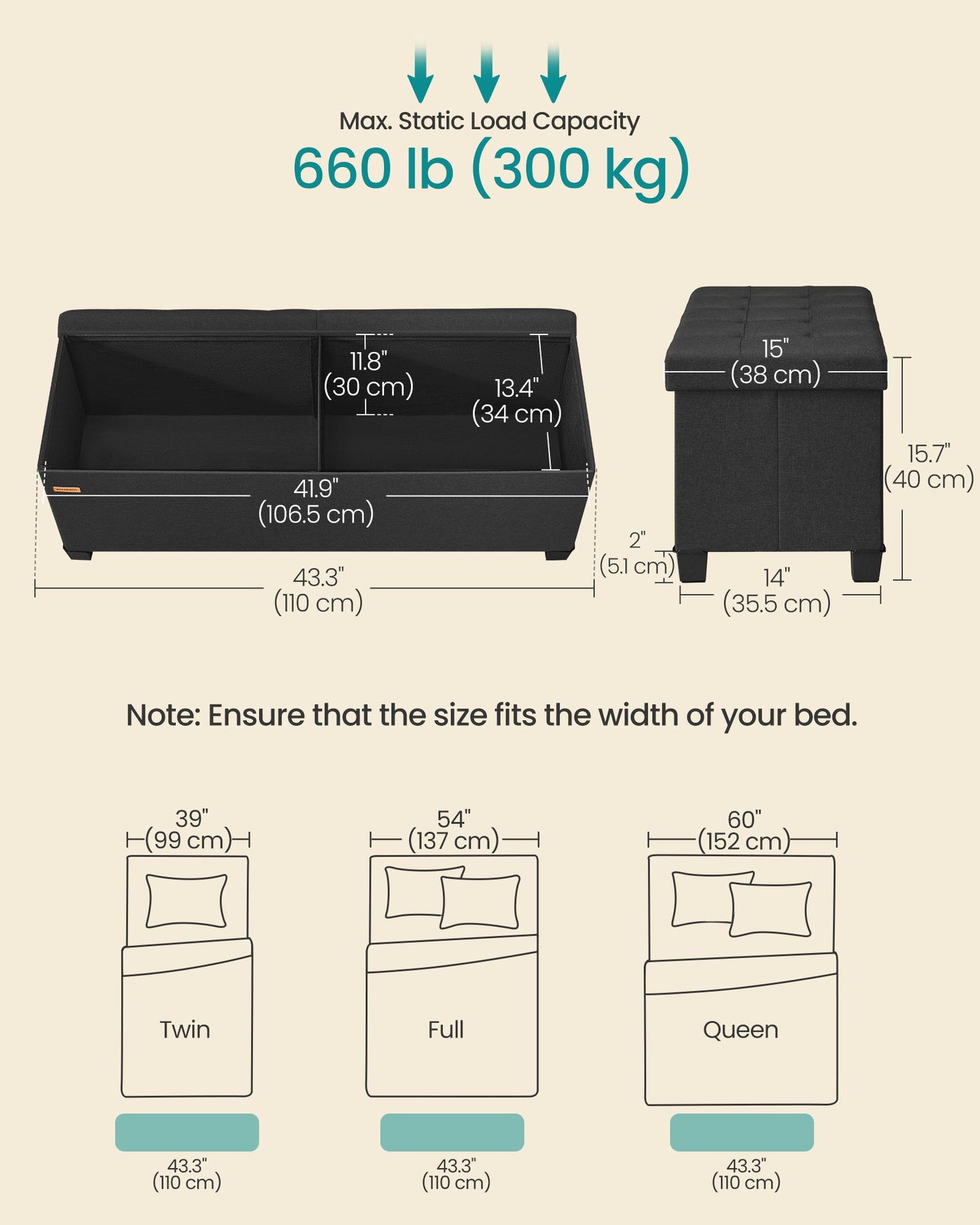 SONGMICS Folding Linen Look Storage Ottoman Bench with Legs – Ink Black