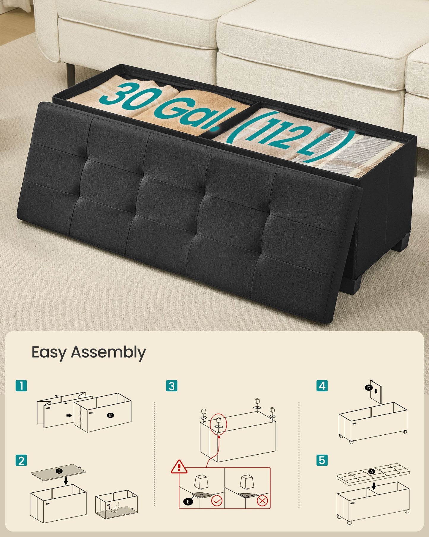 SONGMICS Folding Linen Look Storage Ottoman Bench with Legs – Ink Black
