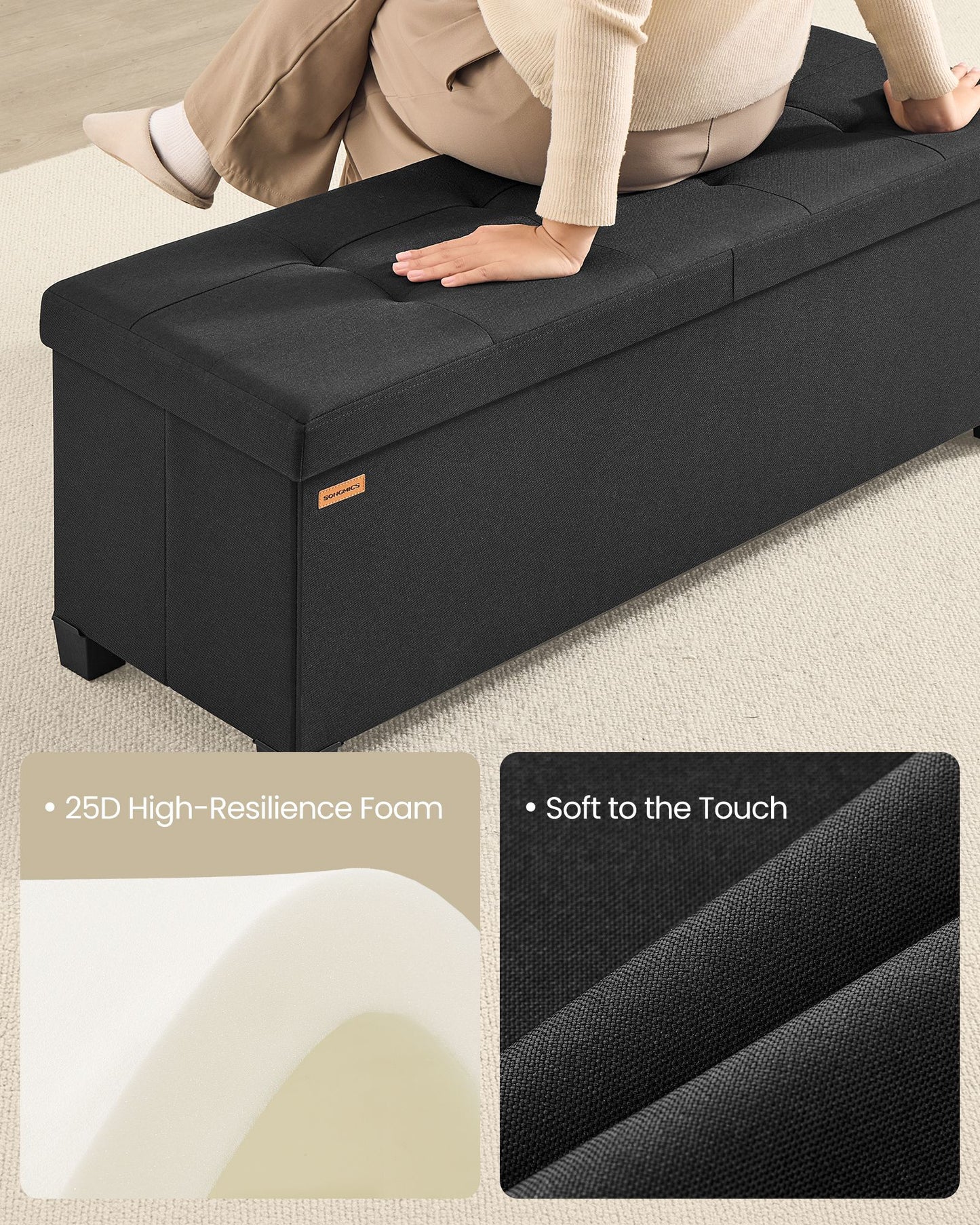 SONGMICS Folding Linen Look Storage Ottoman Bench with Legs – Ink Black