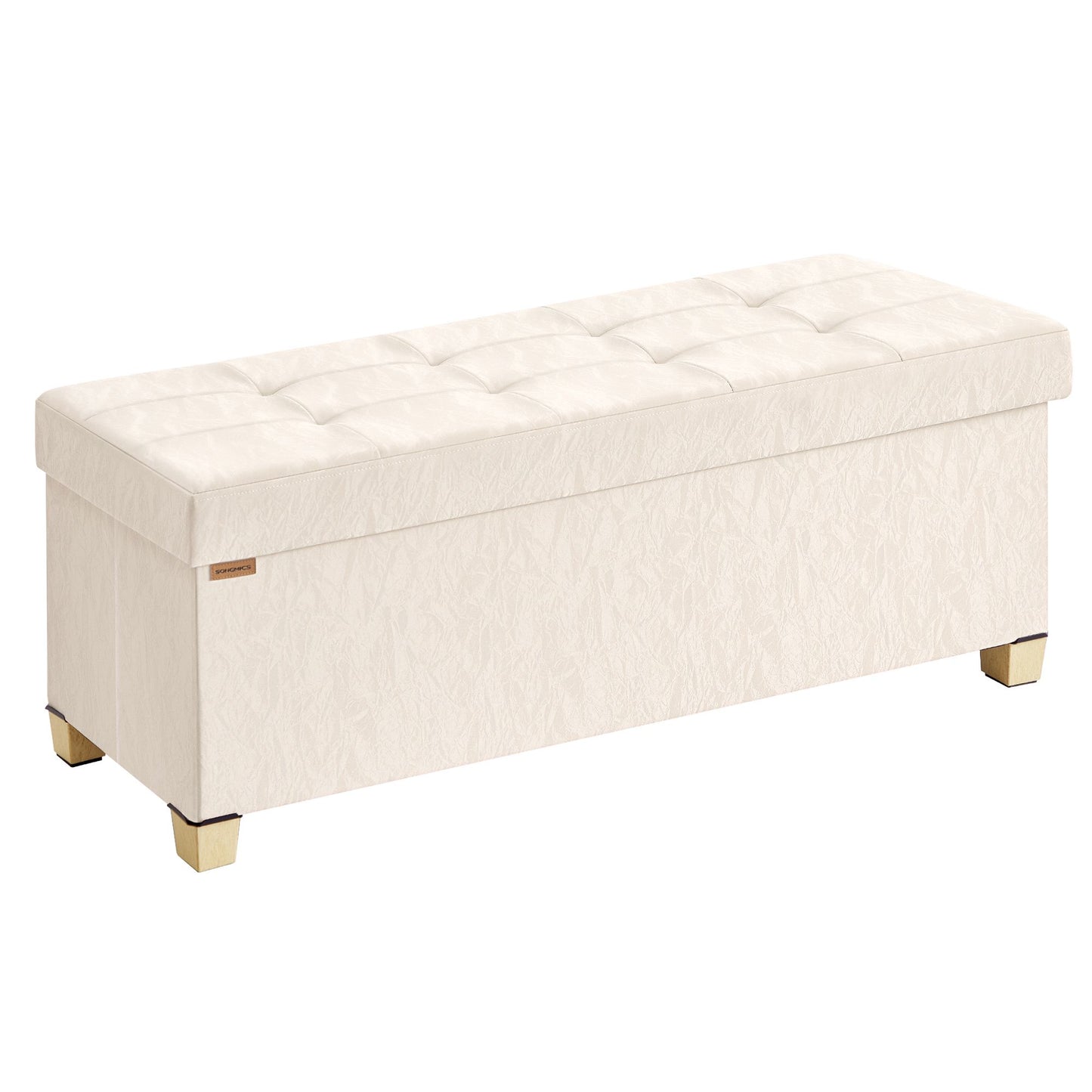 SONGMICS PU Leather Folding Storage Ottoman Bench with Padded Seat – Light Warm White