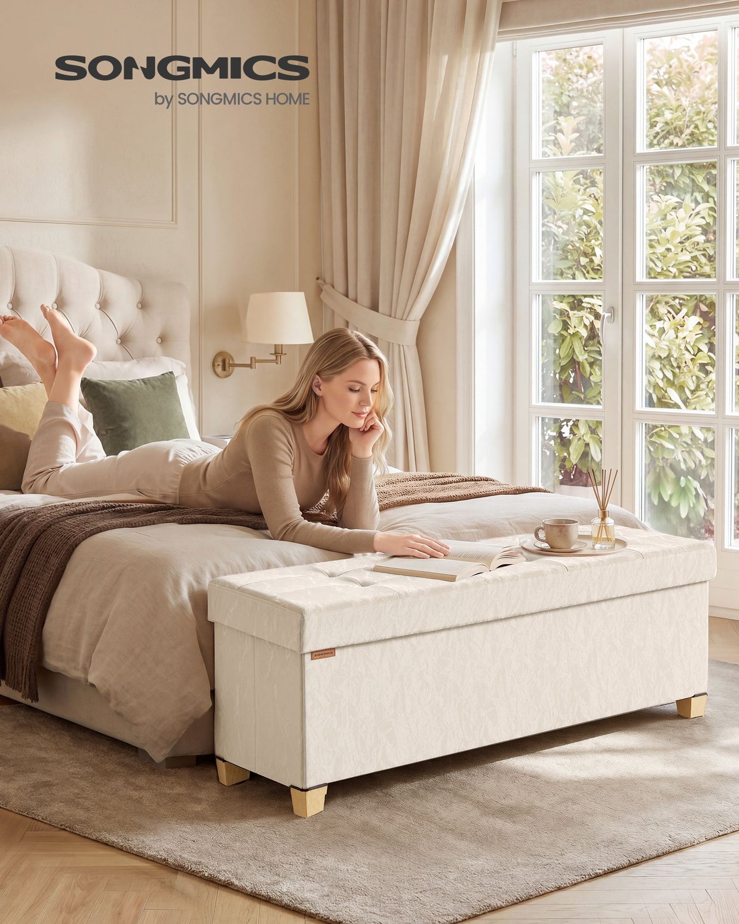 SONGMICS PU Leather Folding Storage Ottoman Bench with Padded Seat – Light Warm White
