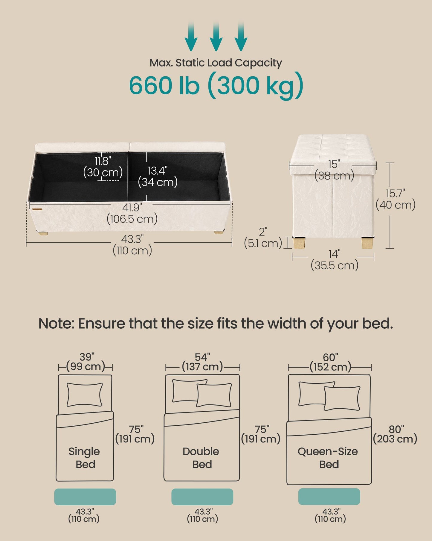 SONGMICS PU Leather Folding Storage Ottoman Bench with Padded Seat – Light Warm White