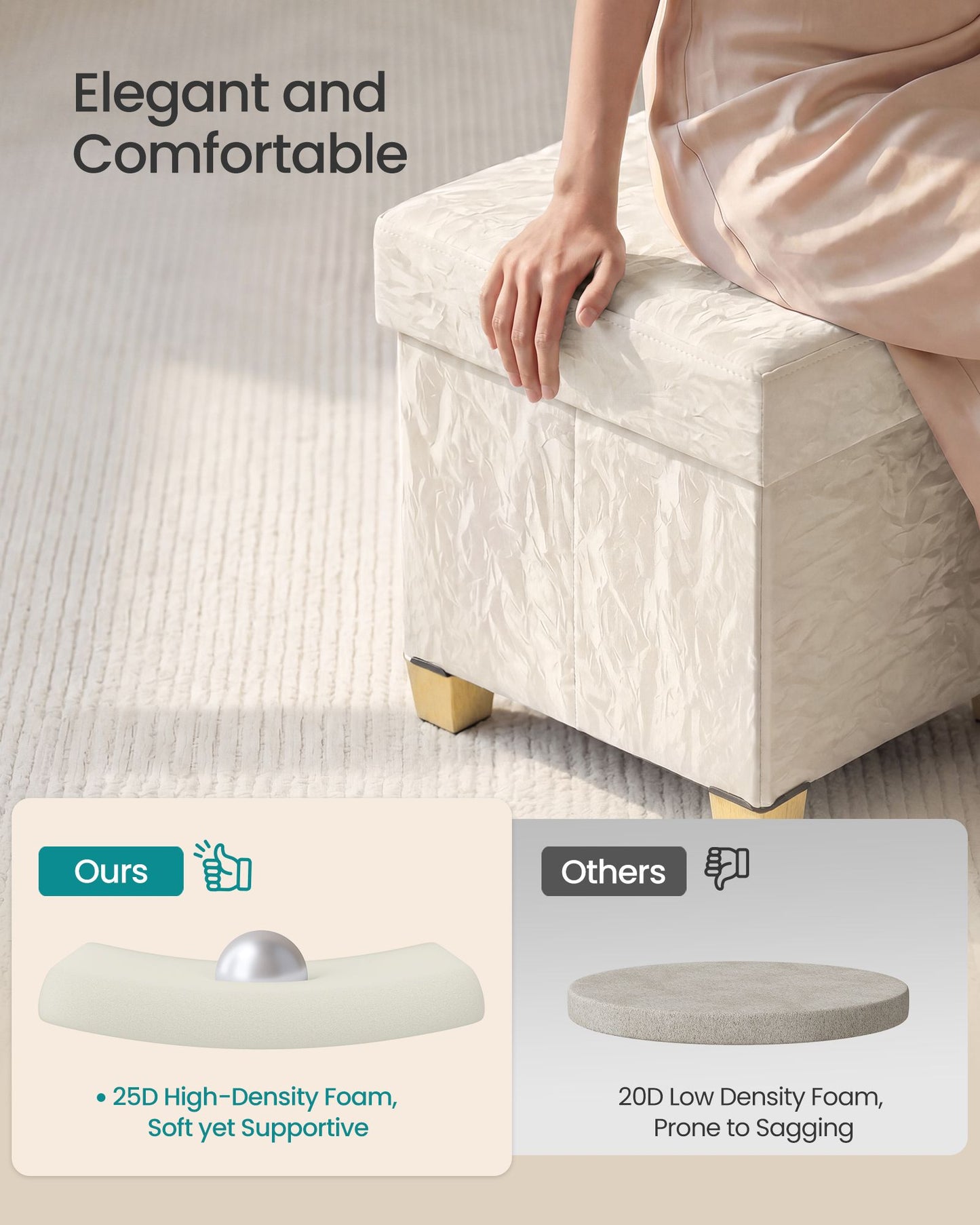 SONGMICS PU Leather Folding Storage Ottoman Bench with Padded Seat – Light Warm White