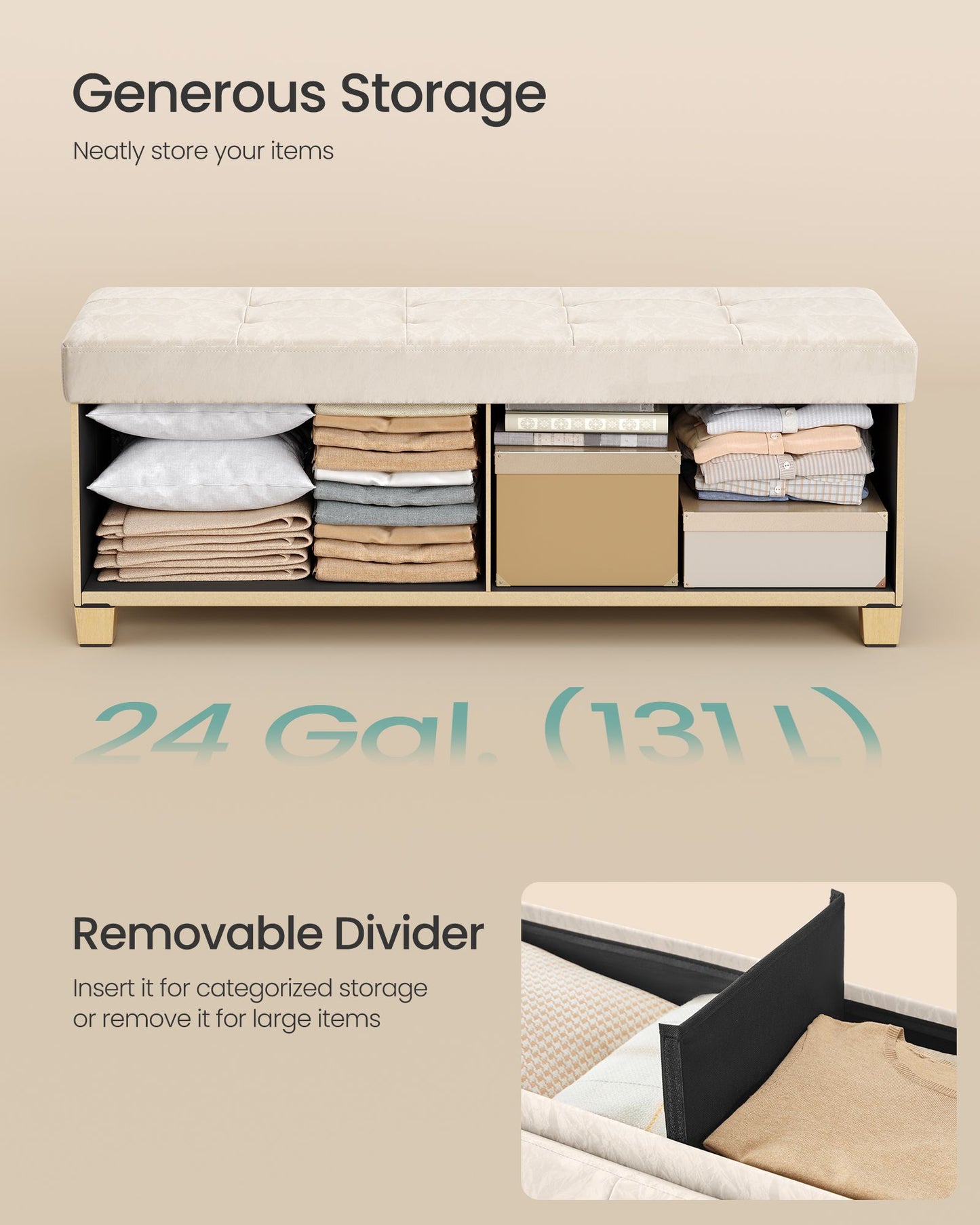 SONGMICS PU Leather Folding Storage Ottoman Bench with Padded Seat – Light Warm White