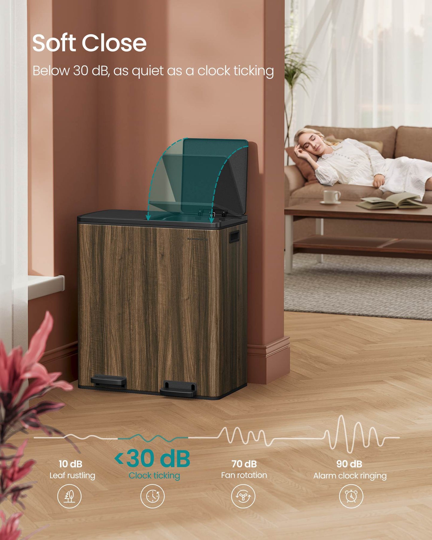 SONGMICS Dual Compartment Kitchen Trash Can with Airtight Hinged Lids – Dark Walnut