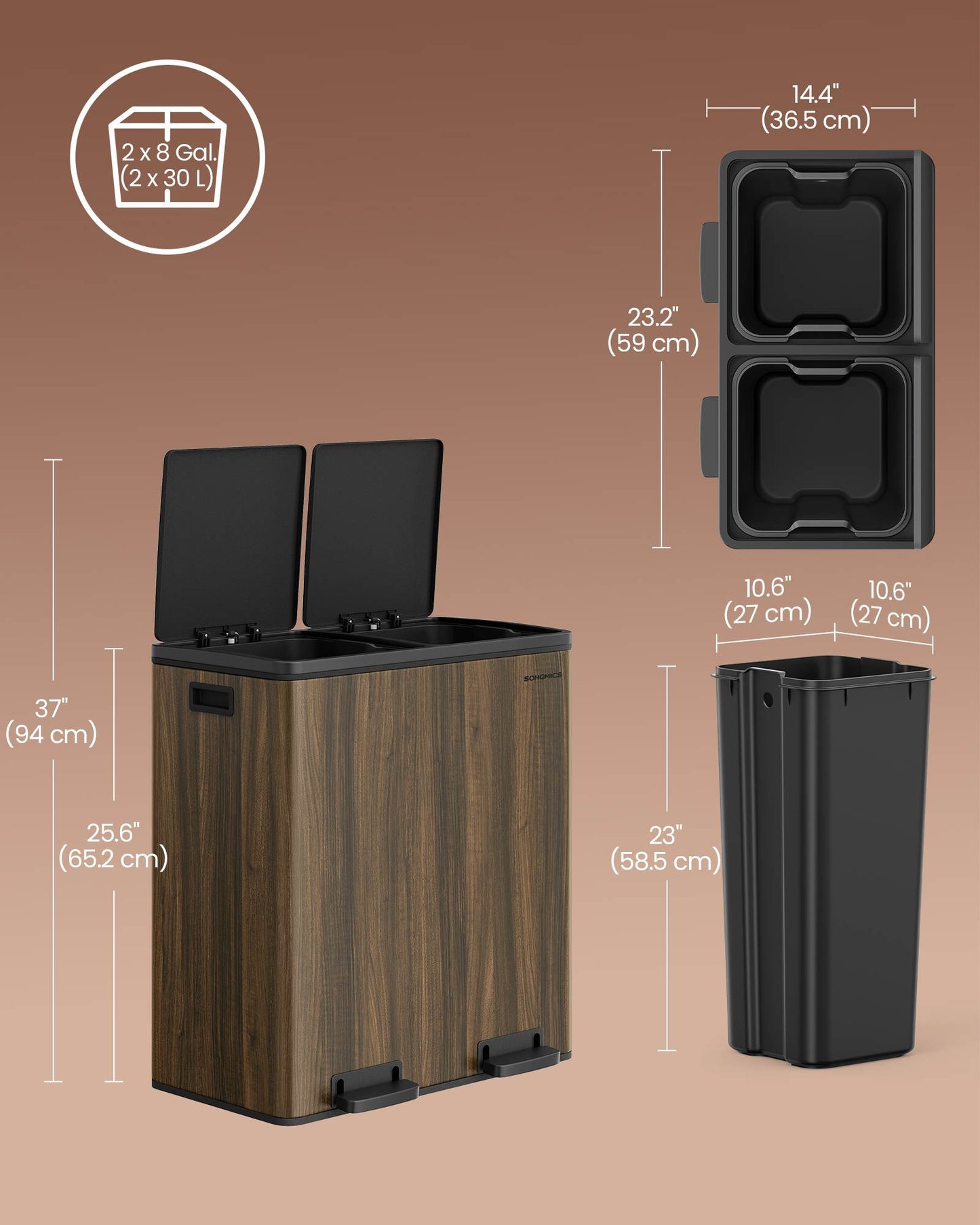 SONGMICS Dual Compartment Kitchen Trash Can with Airtight Hinged Lids – Dark Walnut