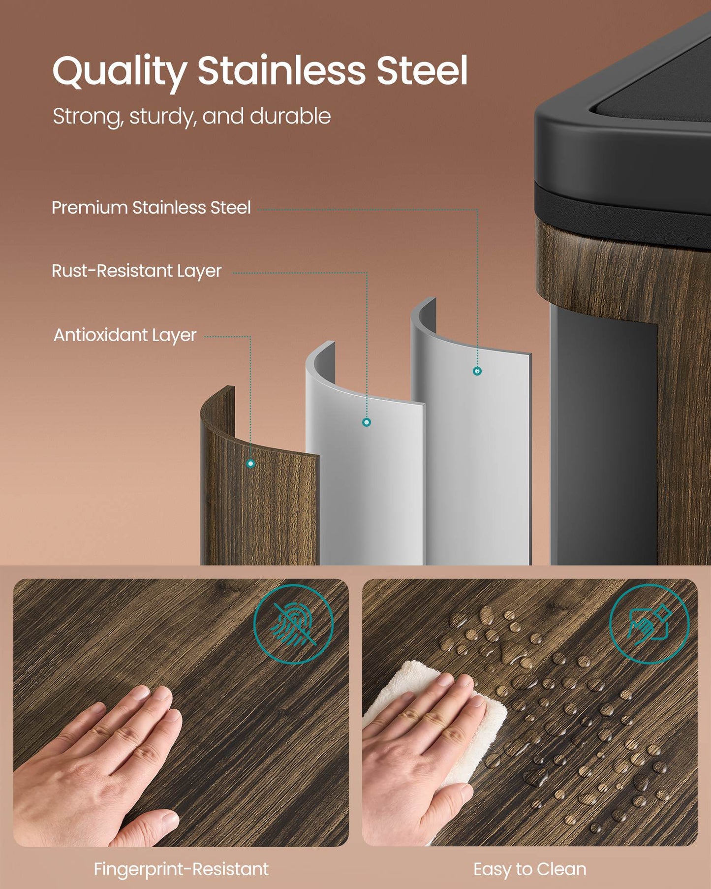 SONGMICS Dual Compartment Kitchen Trash Can with Airtight Hinged Lids – Dark Walnut