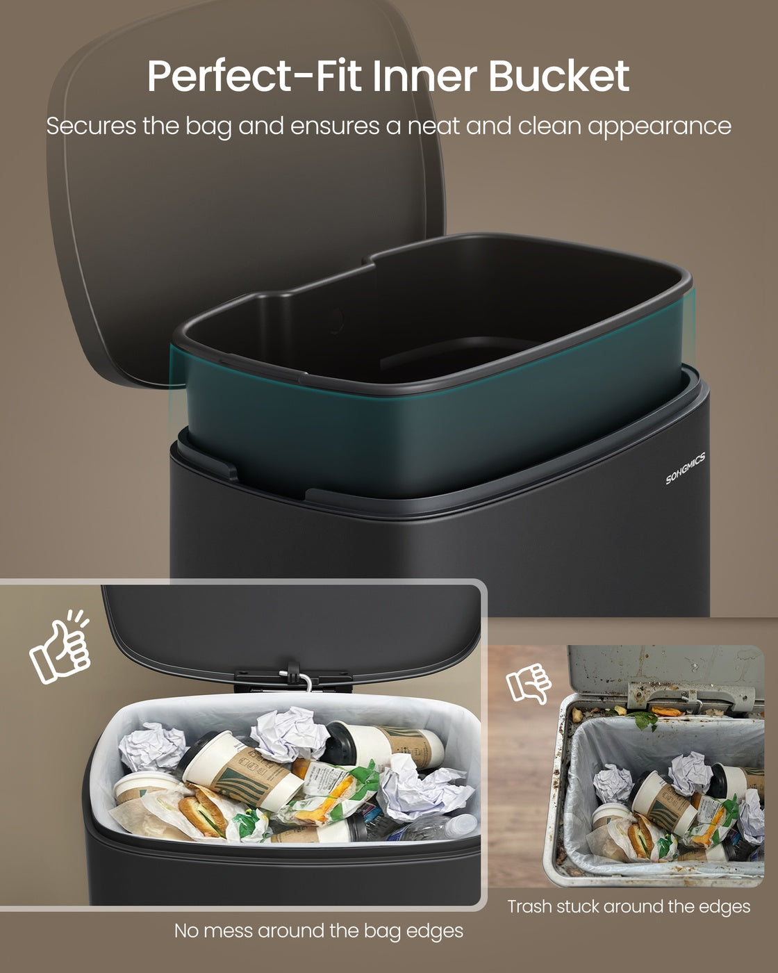 SONGMICS Soft Close Stainless Steel Trash Can – Black