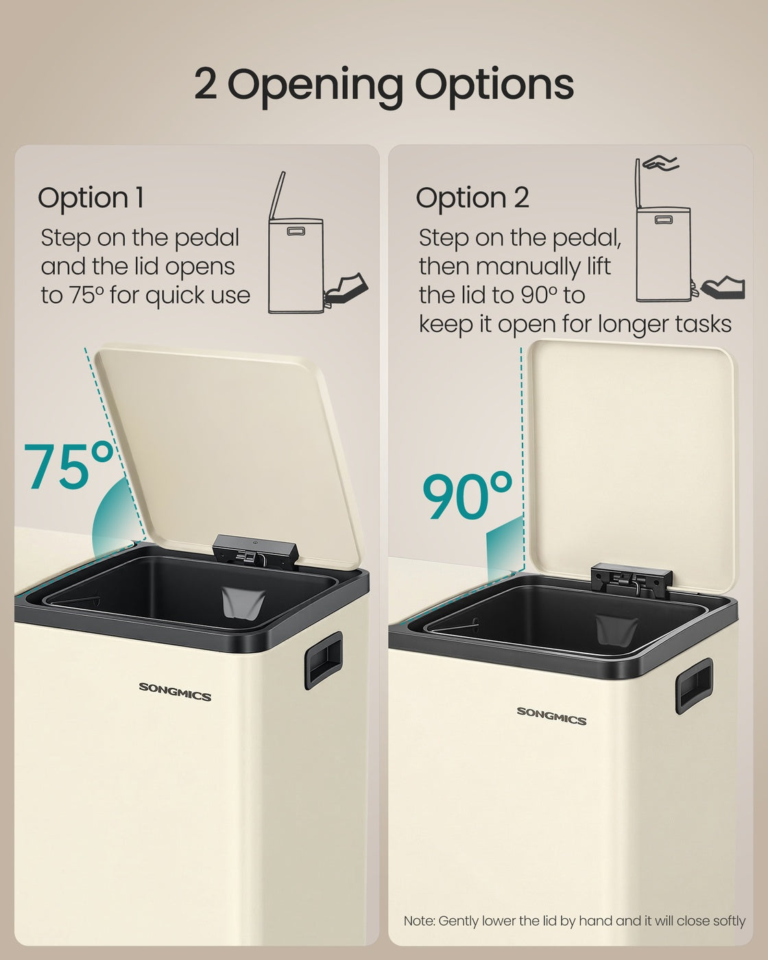 SONGMICS Double Compartment Stainless Steel Trash Can for Recycling – Almond