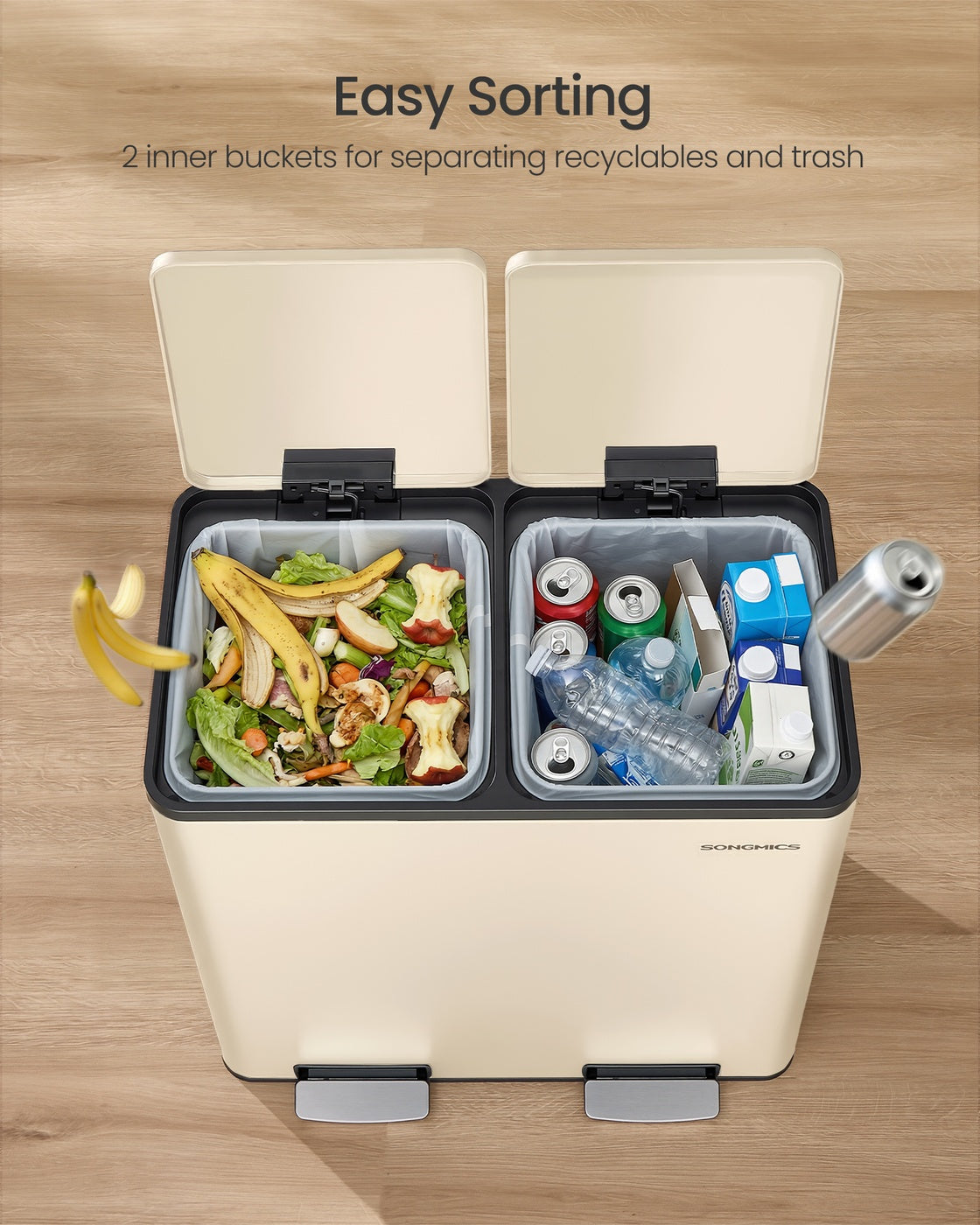 SONGMICS Double Compartment Stainless Steel Trash Can for Recycling – Almond