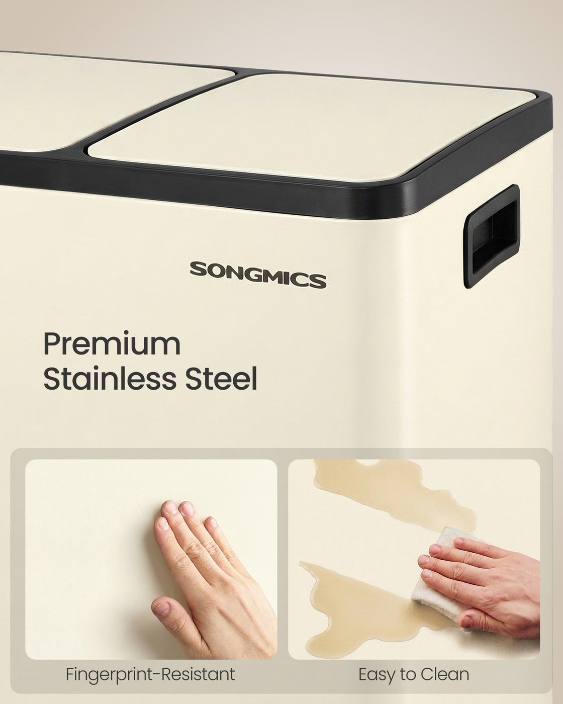 SONGMICS Double Compartment Stainless Steel Trash Can for Recycling – Almond