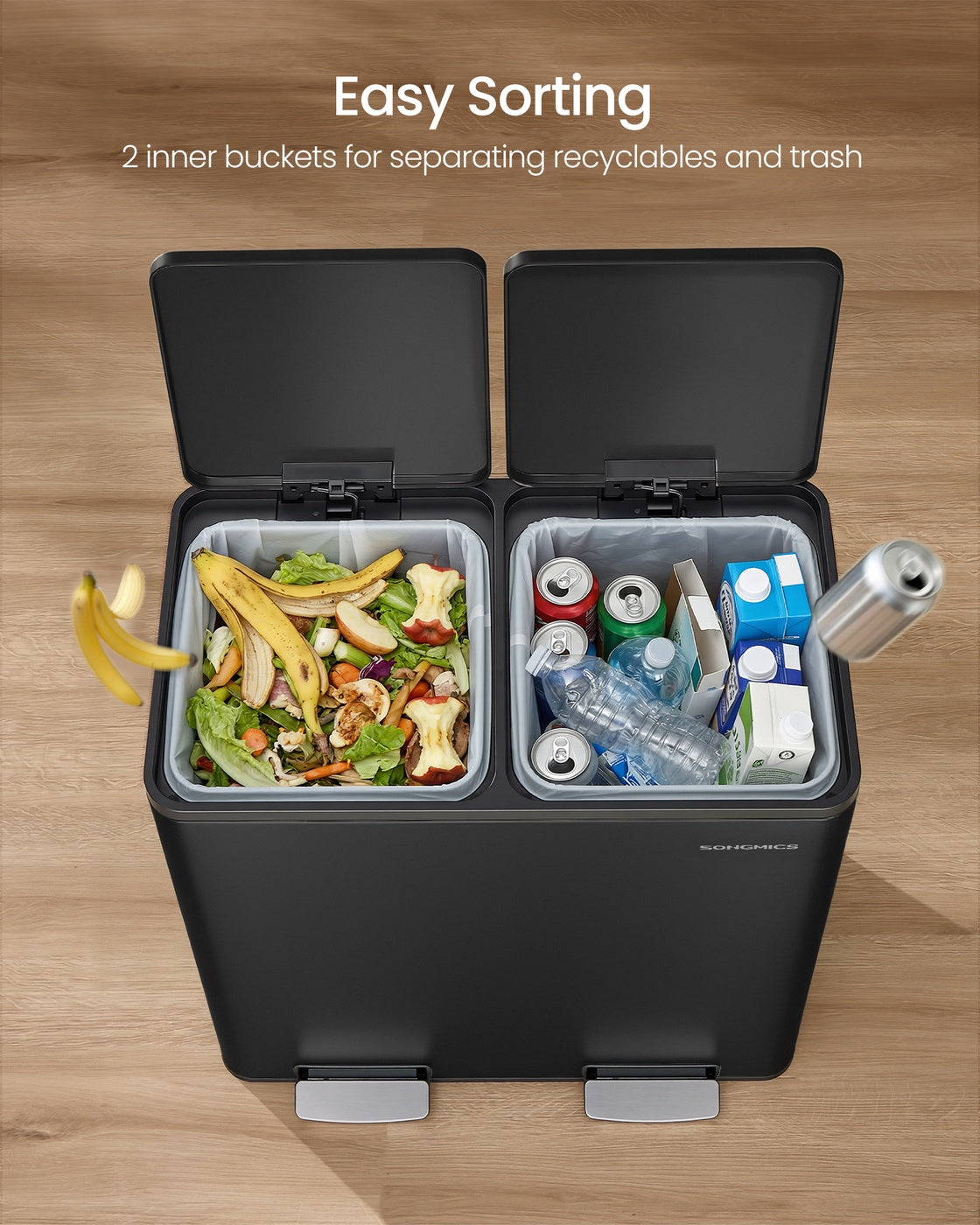 SONGMICS Double Compartment Stainless Steel Trash Can for Recycling – Black