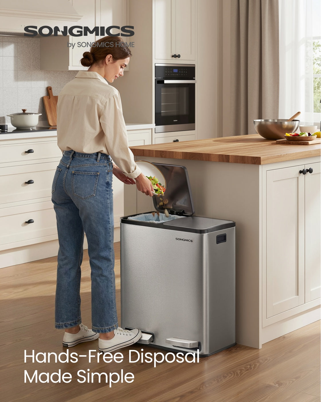 SONGMICS Double Compartment Stainless Steel Trash Can for Recycling – Silver