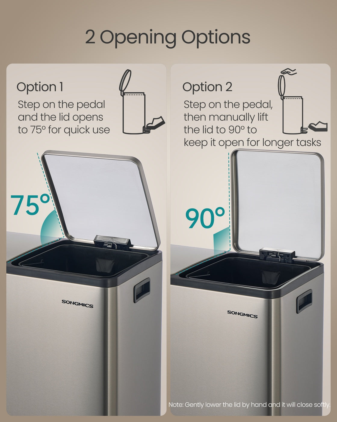 SONGMICS Double Compartment Stainless Steel Trash Can for Recycling – Silver