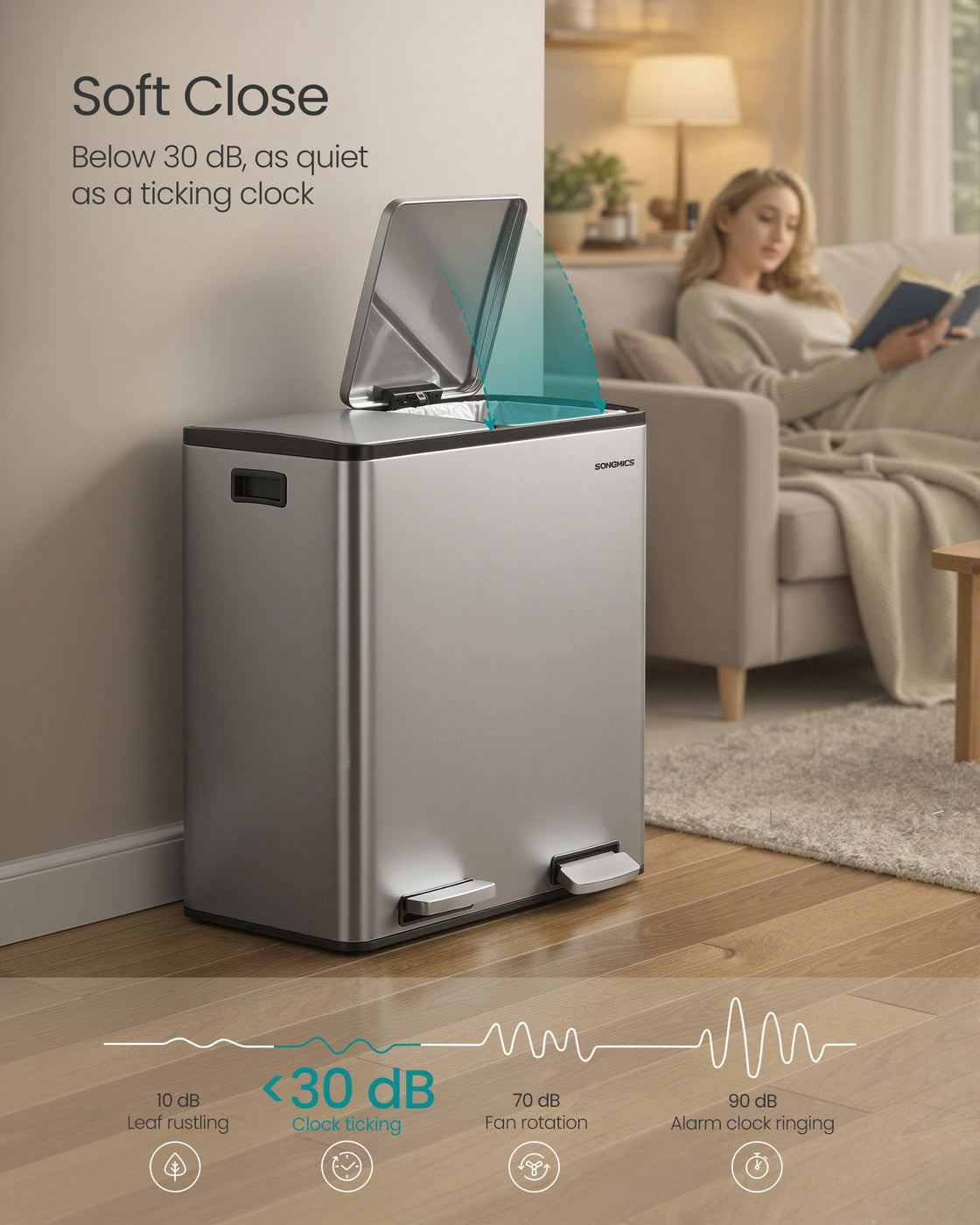 SONGMICS Double Compartment Stainless Steel Trash Can for Recycling – Silver