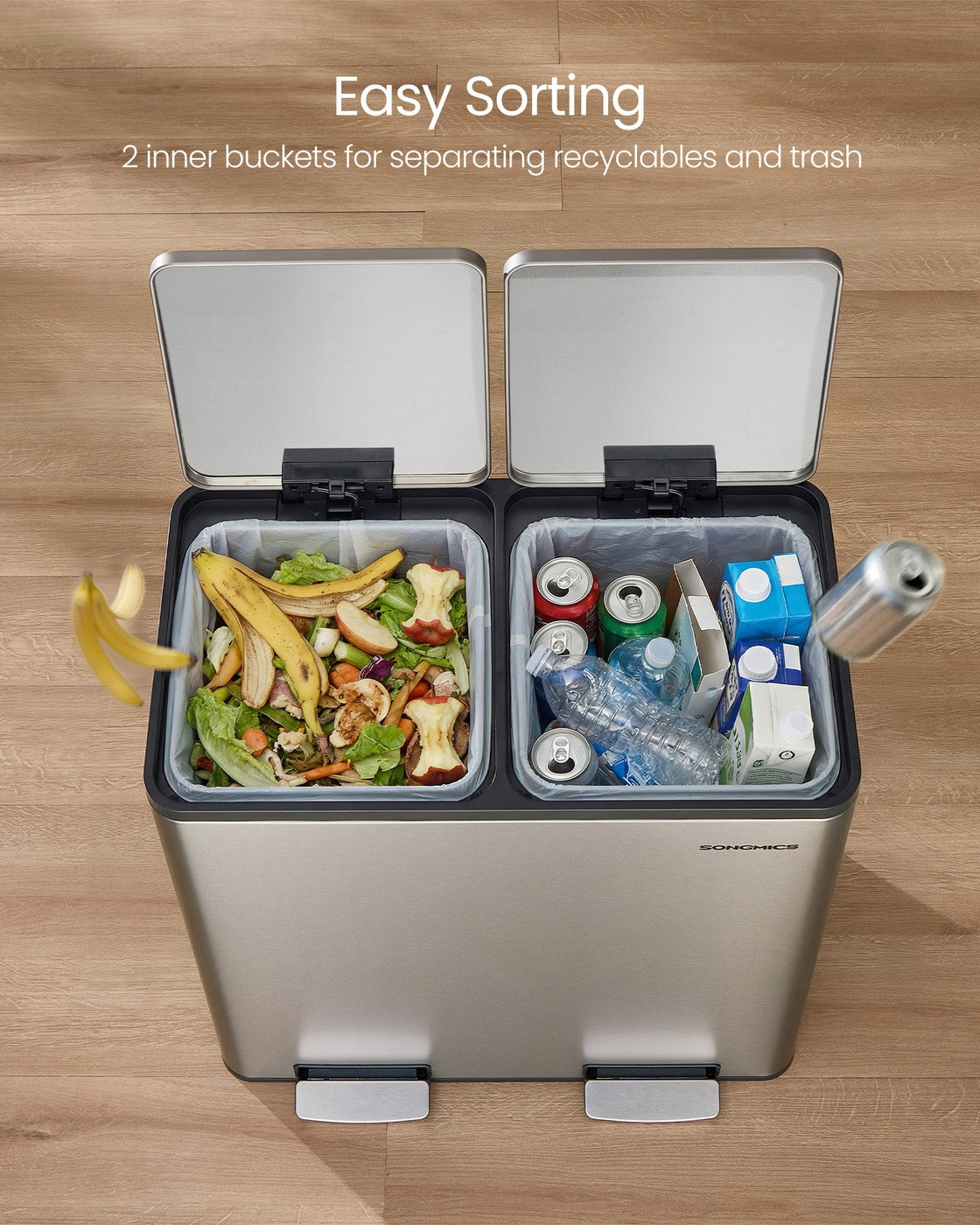 SONGMICS Double Compartment Stainless Steel Trash Can for Recycling – Silver