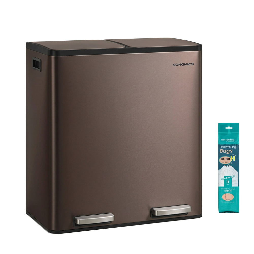 SONGMICS Double Compartment Stainless Steel Trash Can for Recycling – Brown
