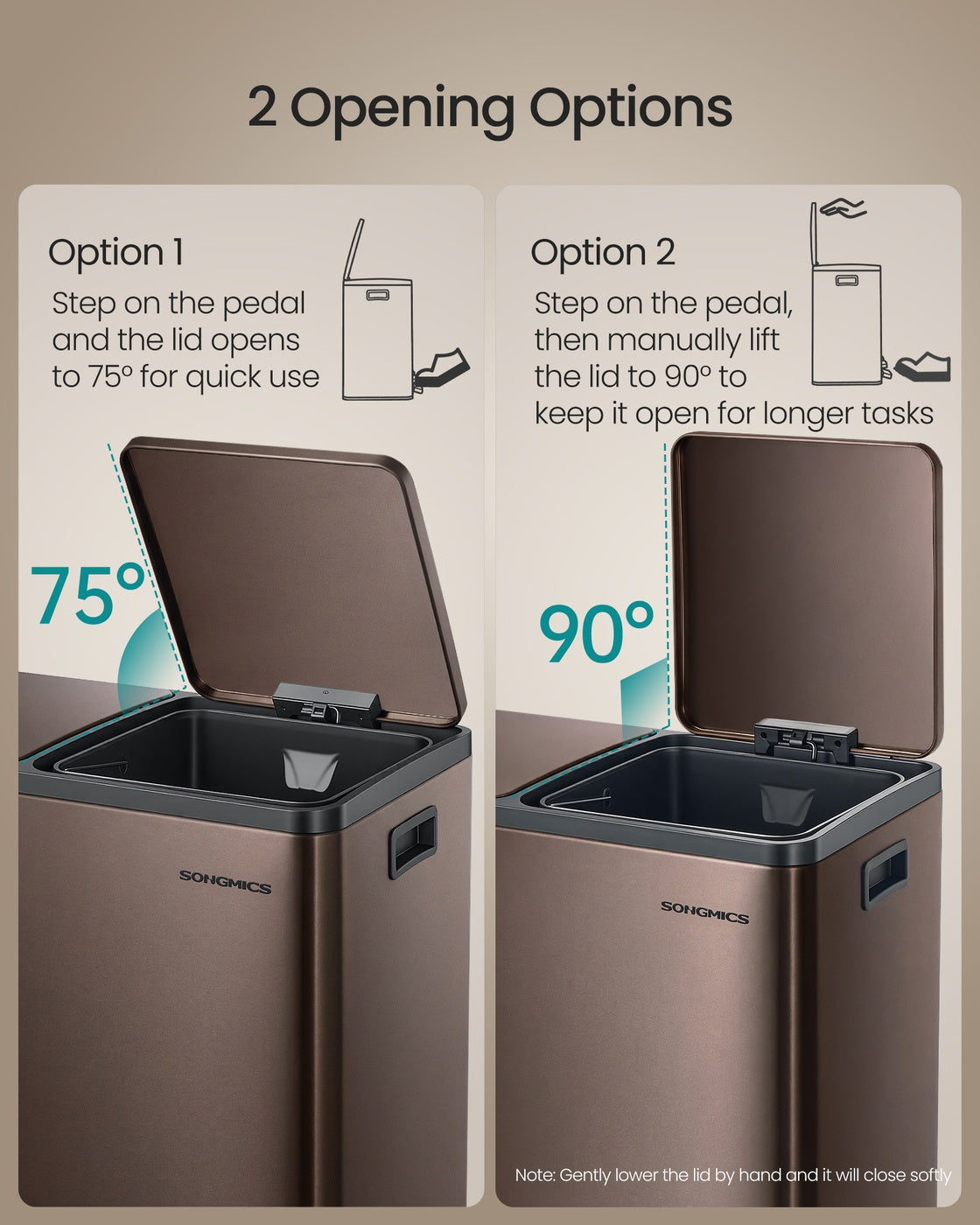 SONGMICS Double Compartment Stainless Steel Trash Can for Recycling – Brown