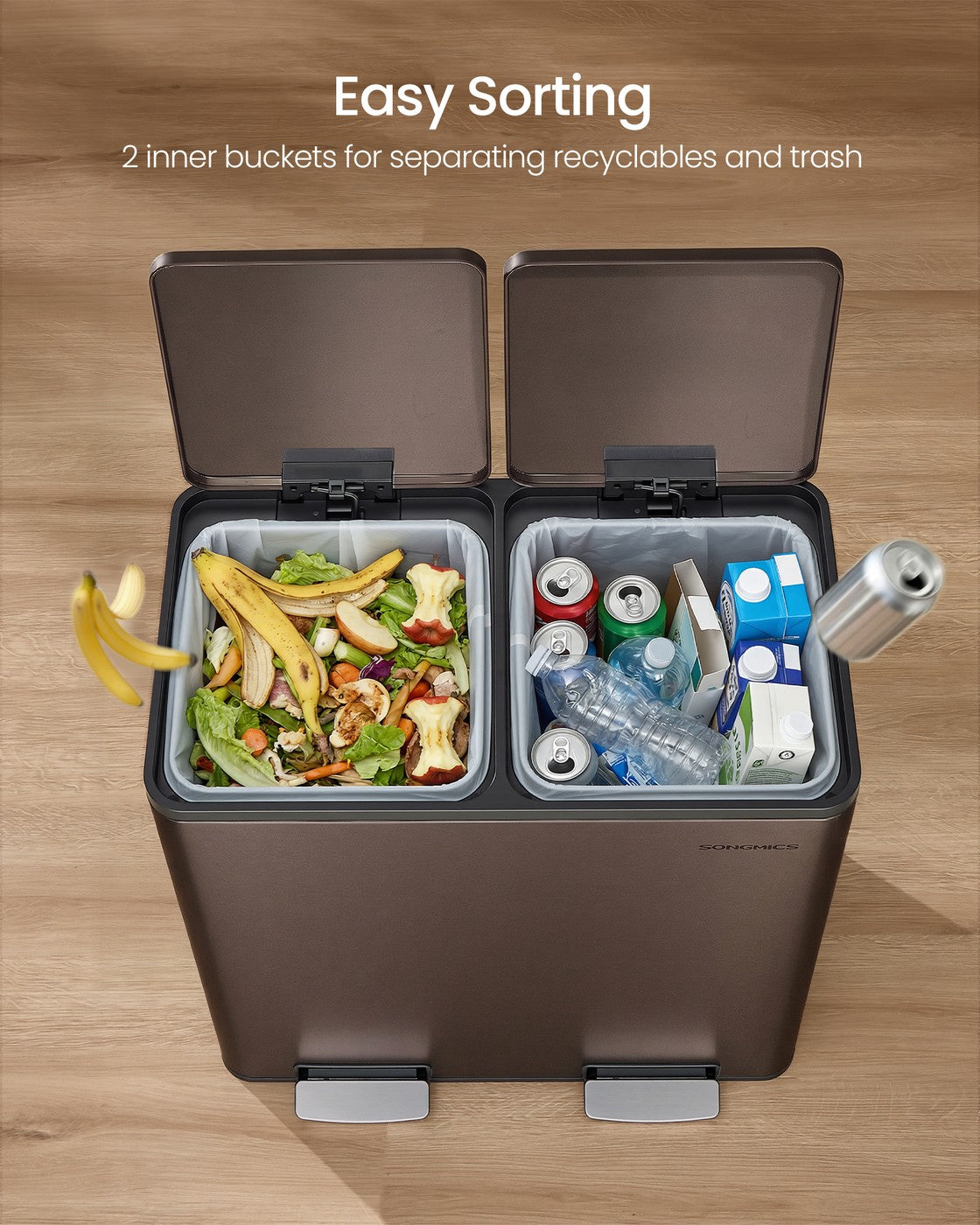 SONGMICS Double Compartment Stainless Steel Trash Can for Recycling – Brown