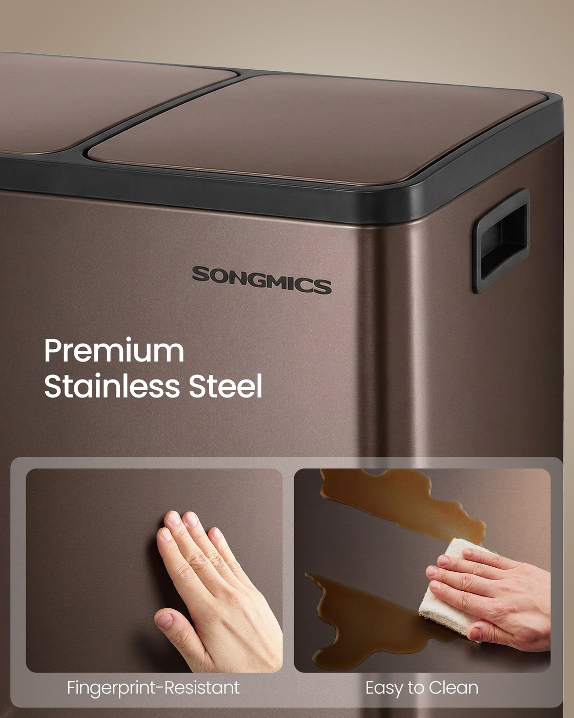 SONGMICS Double Compartment Stainless Steel Trash Can for Recycling – Brown
