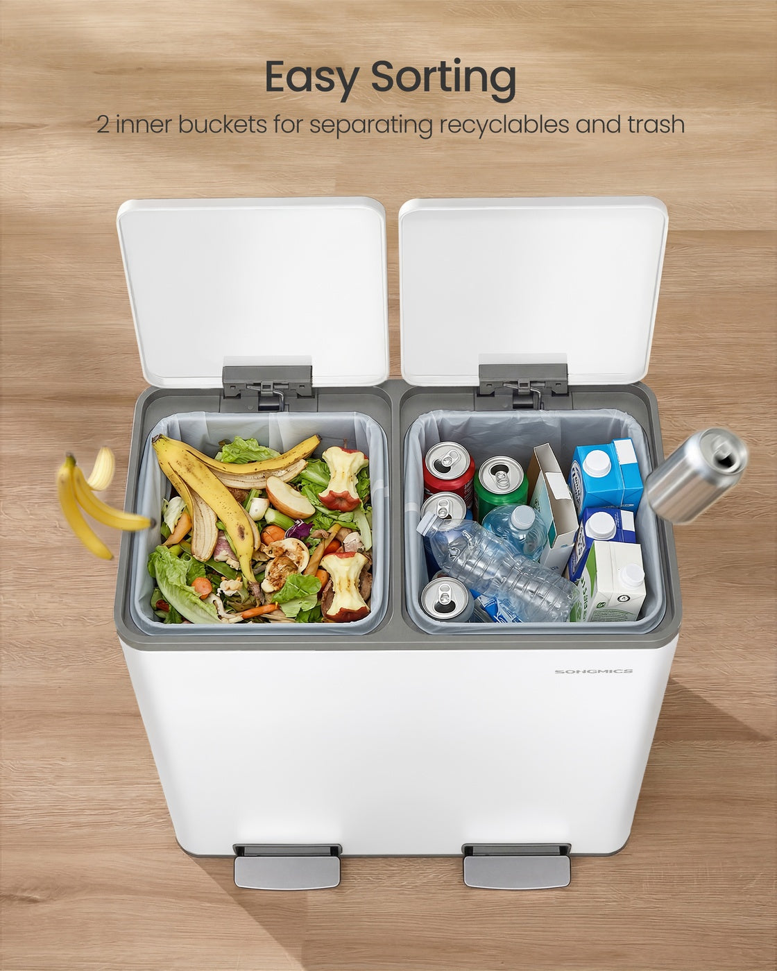 SONGMICS Double Compartment Stainless Steel Trash Can for Recycling – White