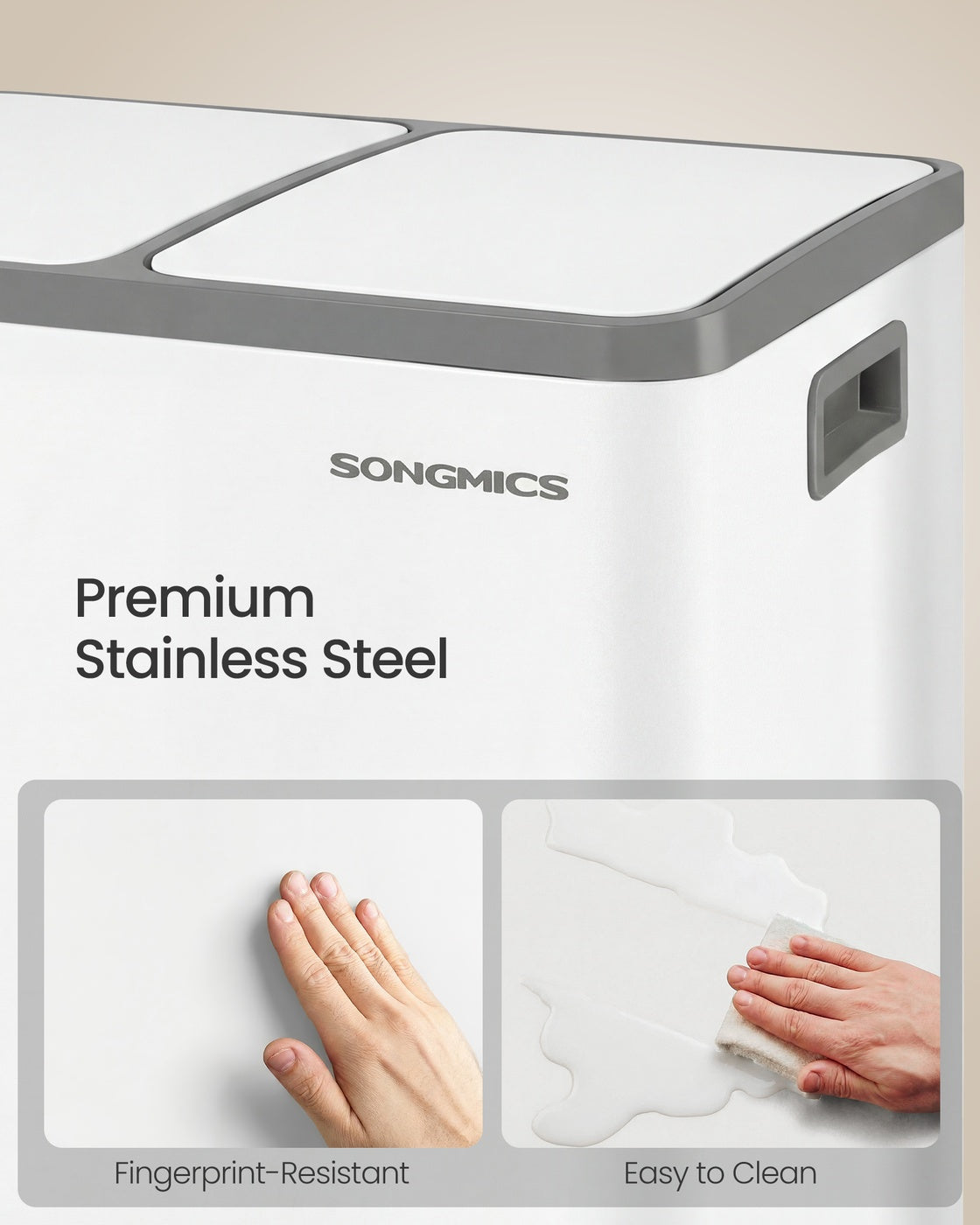 SONGMICS Double Compartment Stainless Steel Trash Can for Recycling – White