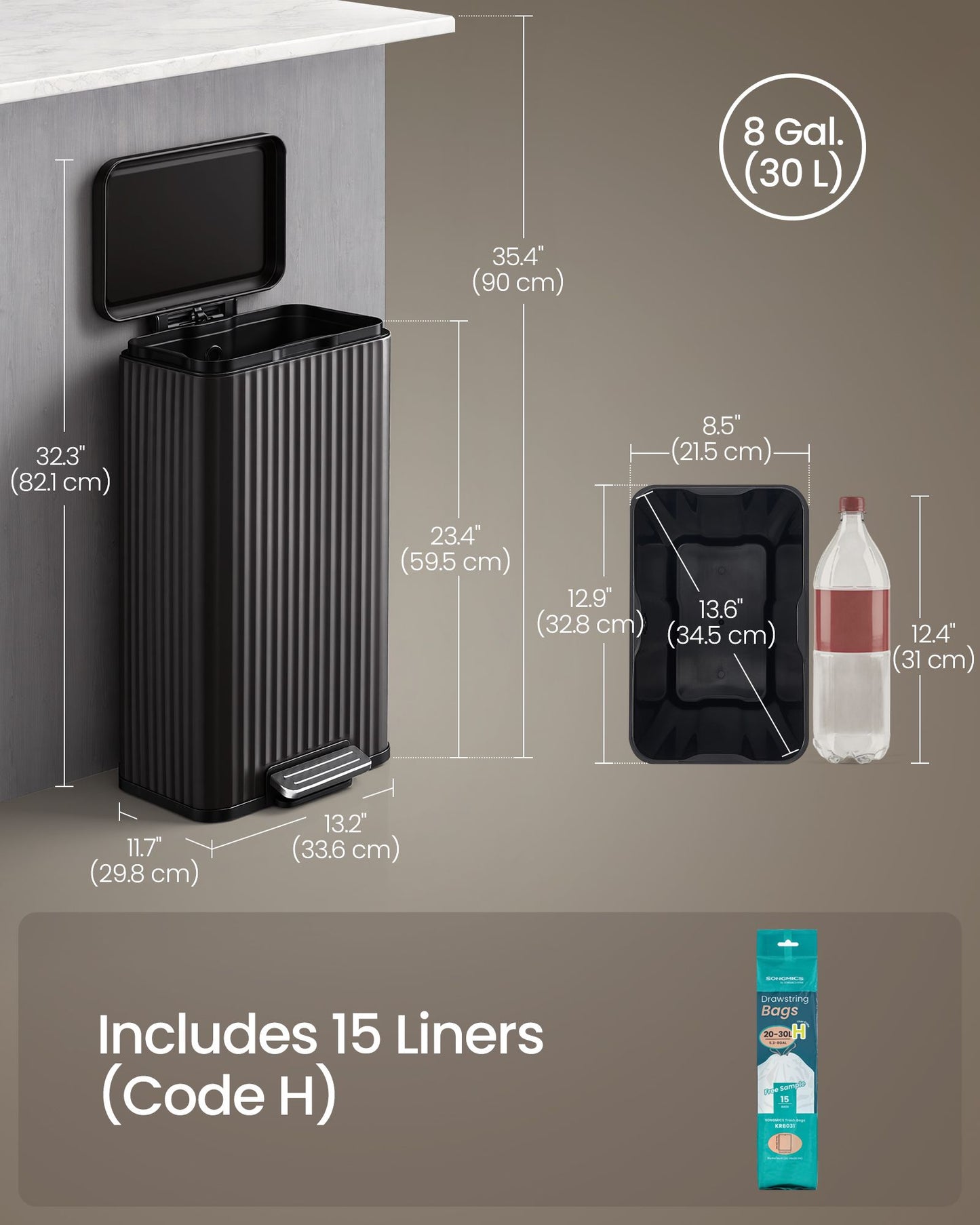 SONGMICS 30 L Black Stainless Steel Pedal Bin with Soft Close Lid – Ink Black