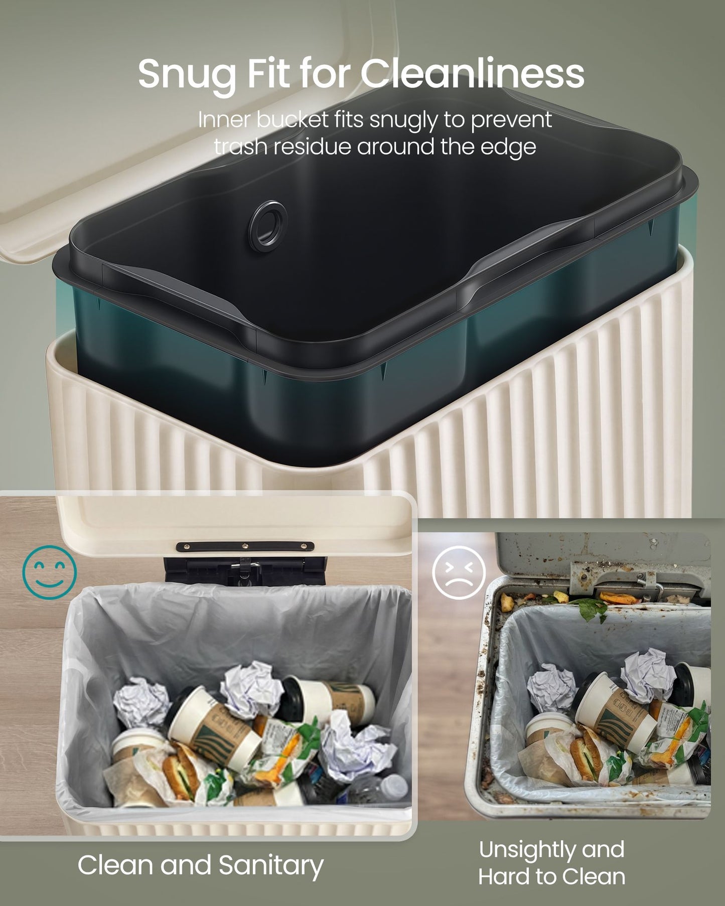 SONGMICS 30 L Cream White Stainless Steel Pedal Bin with Soft Close Lid – Beige