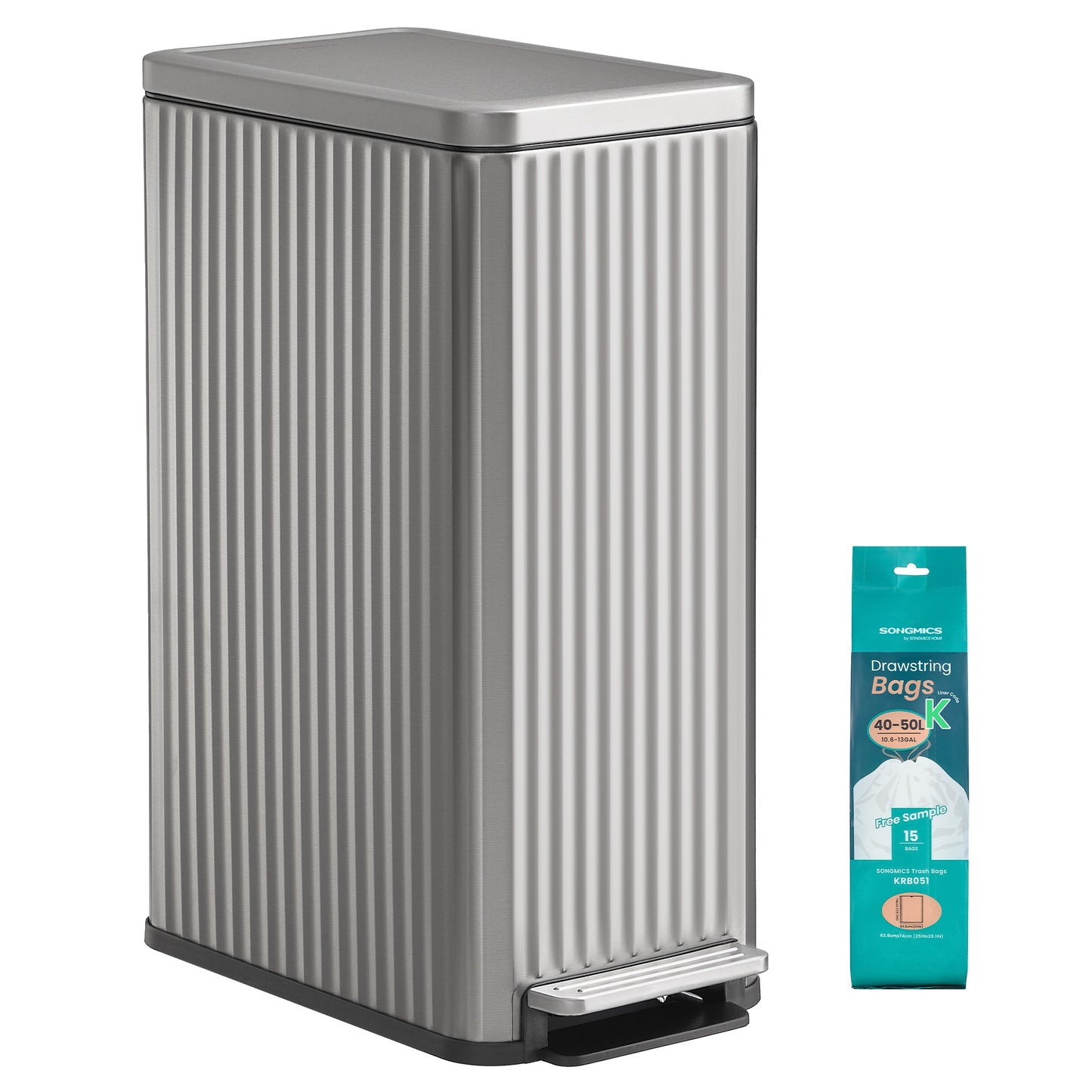 SONGMICS Slim Stainless Steel Trash Can with Lid – Metallic Silver