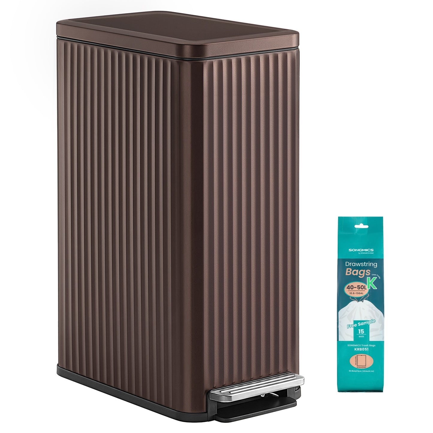 SONGMICS Slim Stainless Steel Trash Can with Lid – Brown