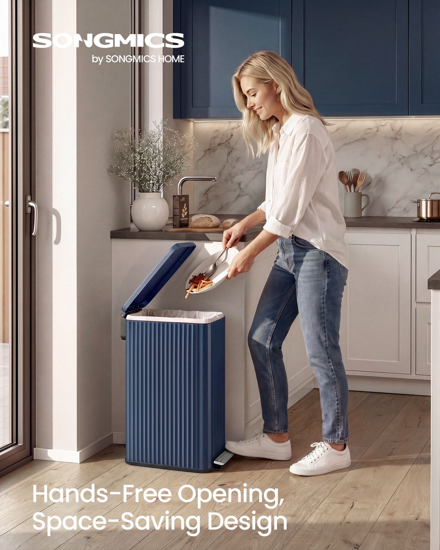 SONGMICS Stainless Steel Step Trash Can with Lid and Inner Bucket – Blue