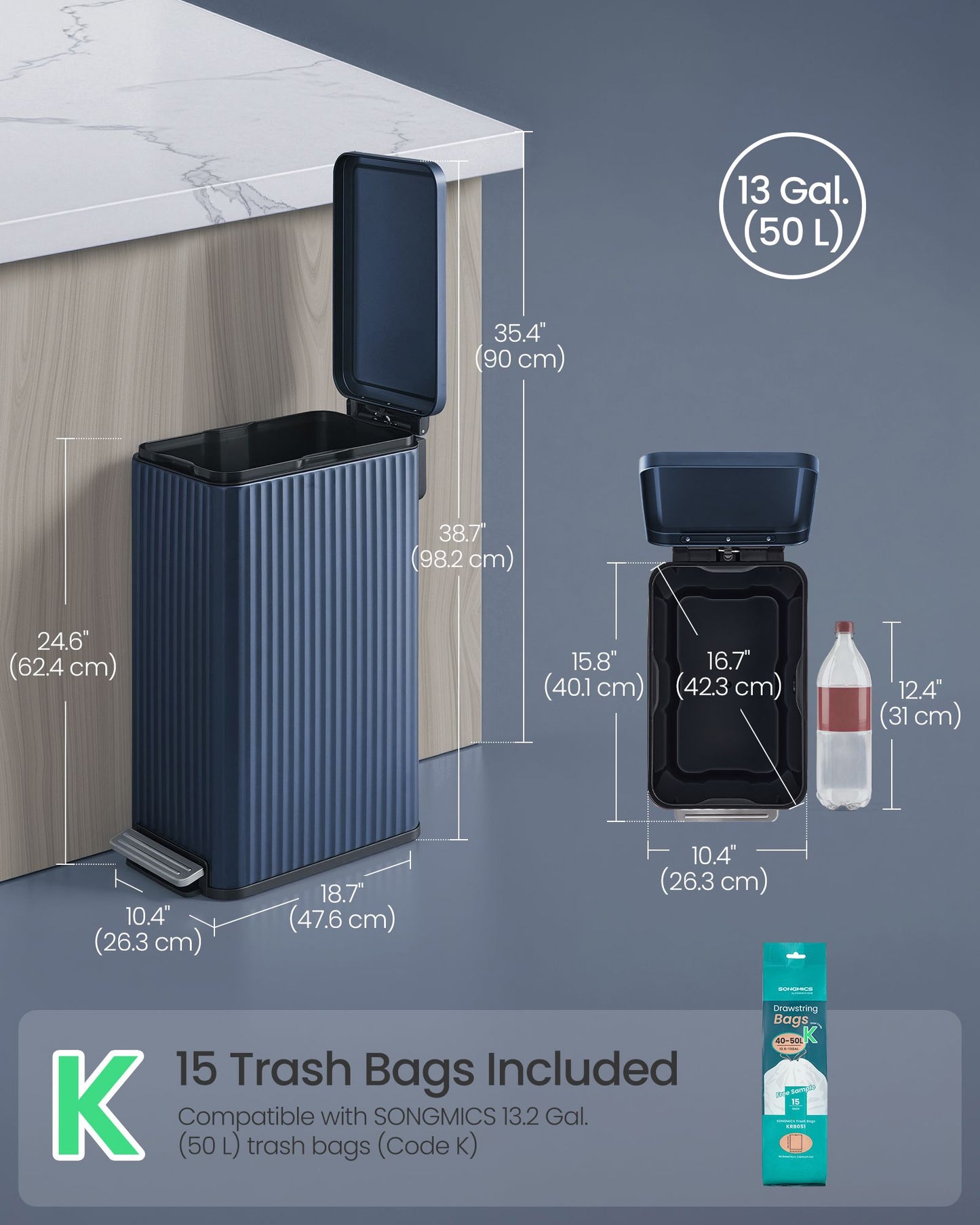 SONGMICS Stainless Steel Step Trash Can with Lid and Inner Bucket – Blue