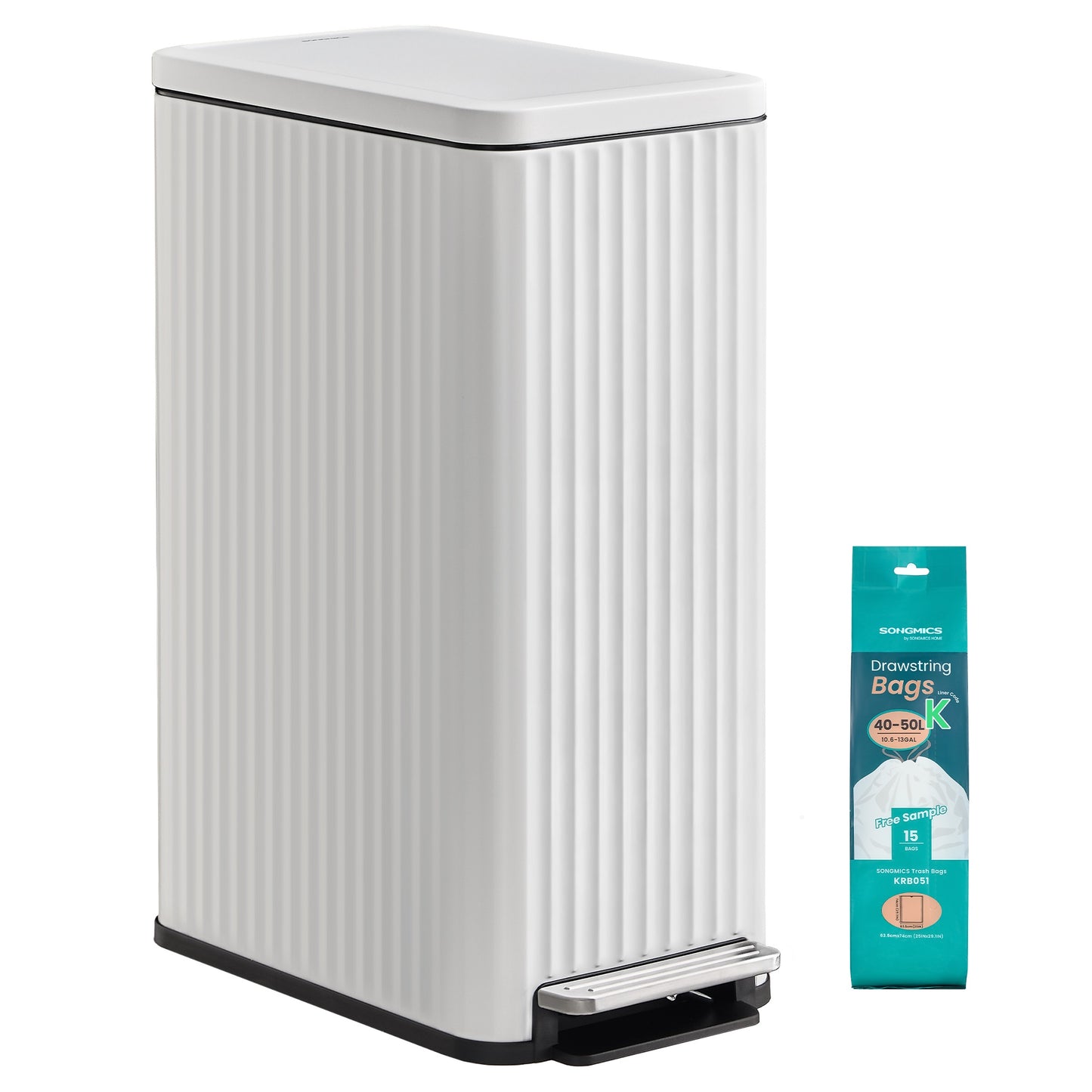 SONGMICS Slim Stainless Steel Trash Can with Lid – White