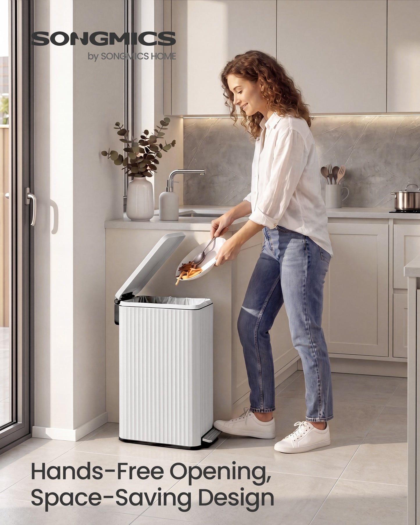 SONGMICS Slim Stainless Steel Trash Can with Lid – White