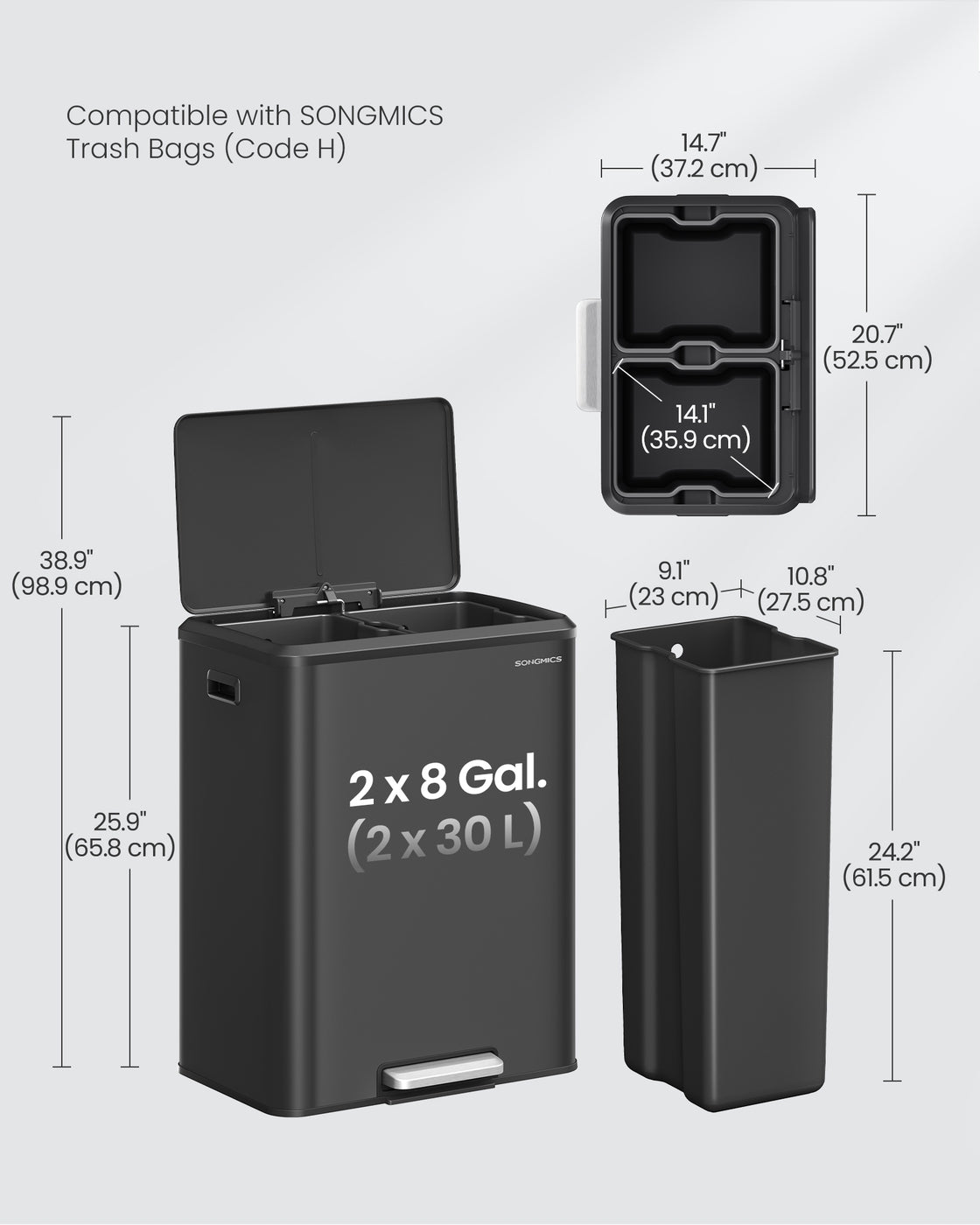 SONGMICS Stainless Steel Dual Pedal Trash Can for Kitchen Recycling – Ink Black