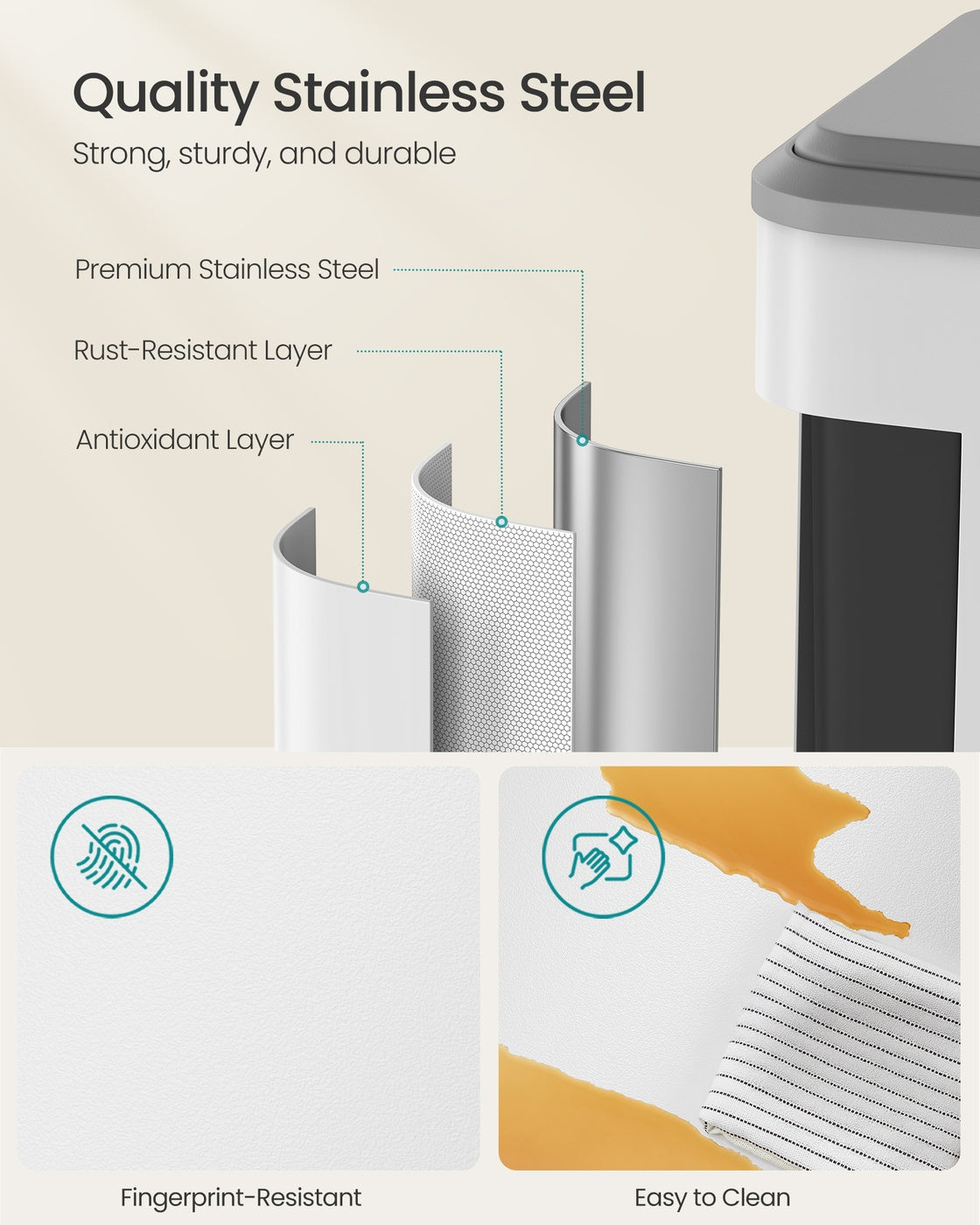 SONGMICS Stainless Steel Dual Pedal Trash Can for Kitchen Recycling – Cloud White