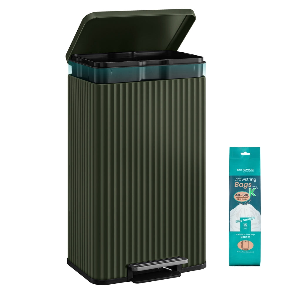 SONGMICS 13 Gallon Trash Can with Lid, Pedal, Removable Bucket, Soft Close, Stainless Steel – Green