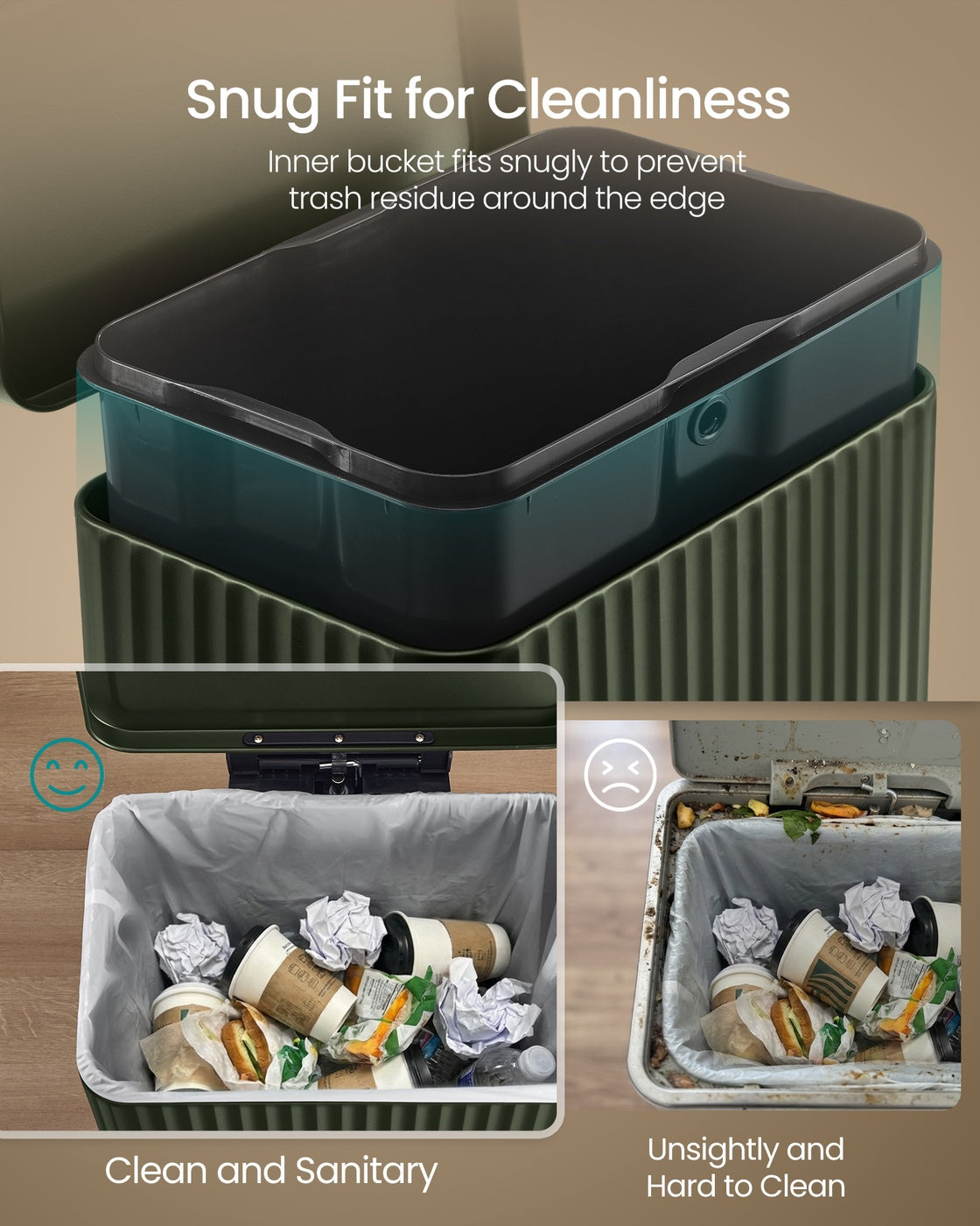 SONGMICS 13 Gallon Trash Can with Lid, Pedal, Removable Bucket, Soft Close, Stainless Steel – Green