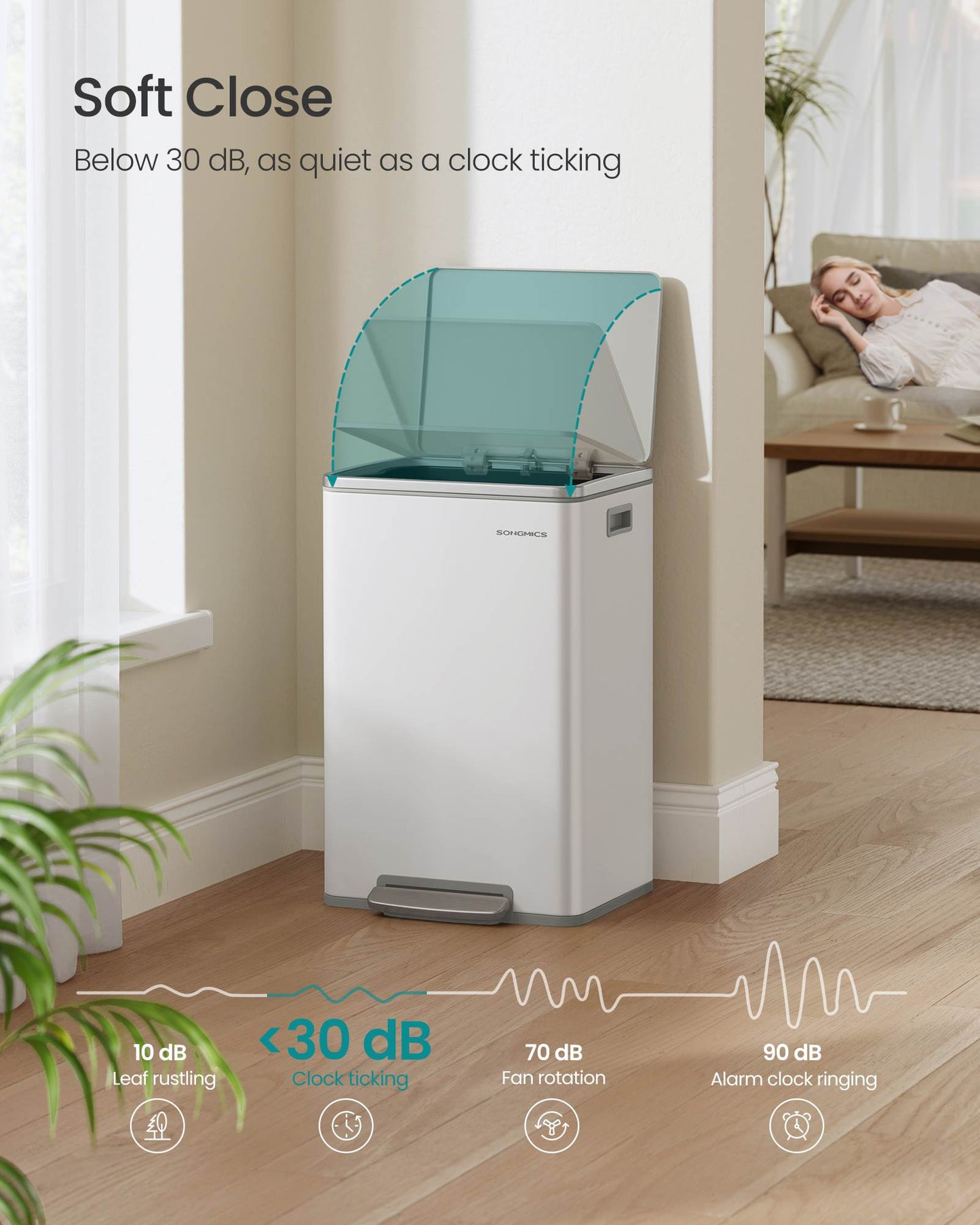 SONGMICS 13-Gallon Trash Can with Soft-Close Lid – Cloud White