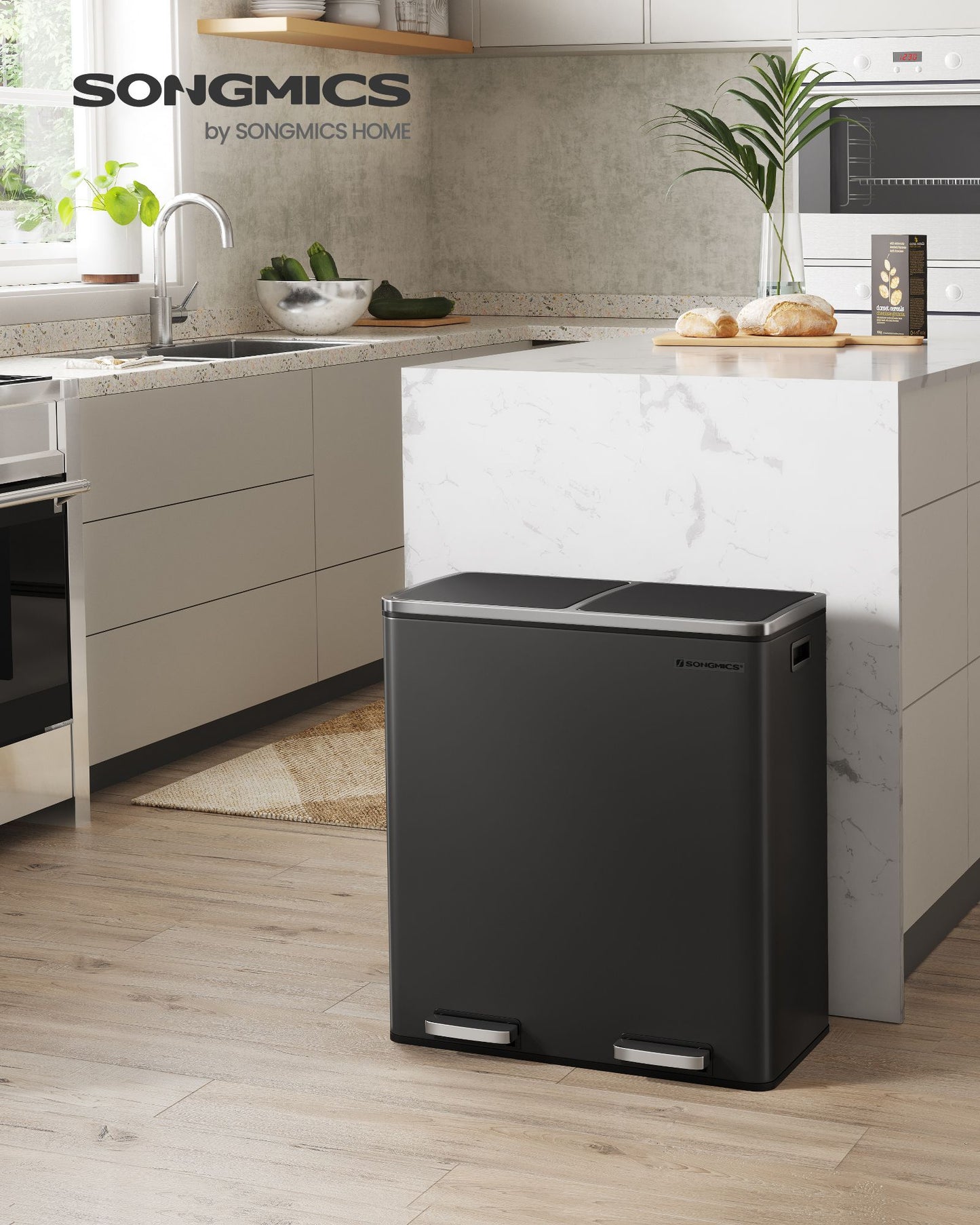 SONGMICS Dual Compartment Kitchen Trash Can with Airtight Hinged Lids – Black