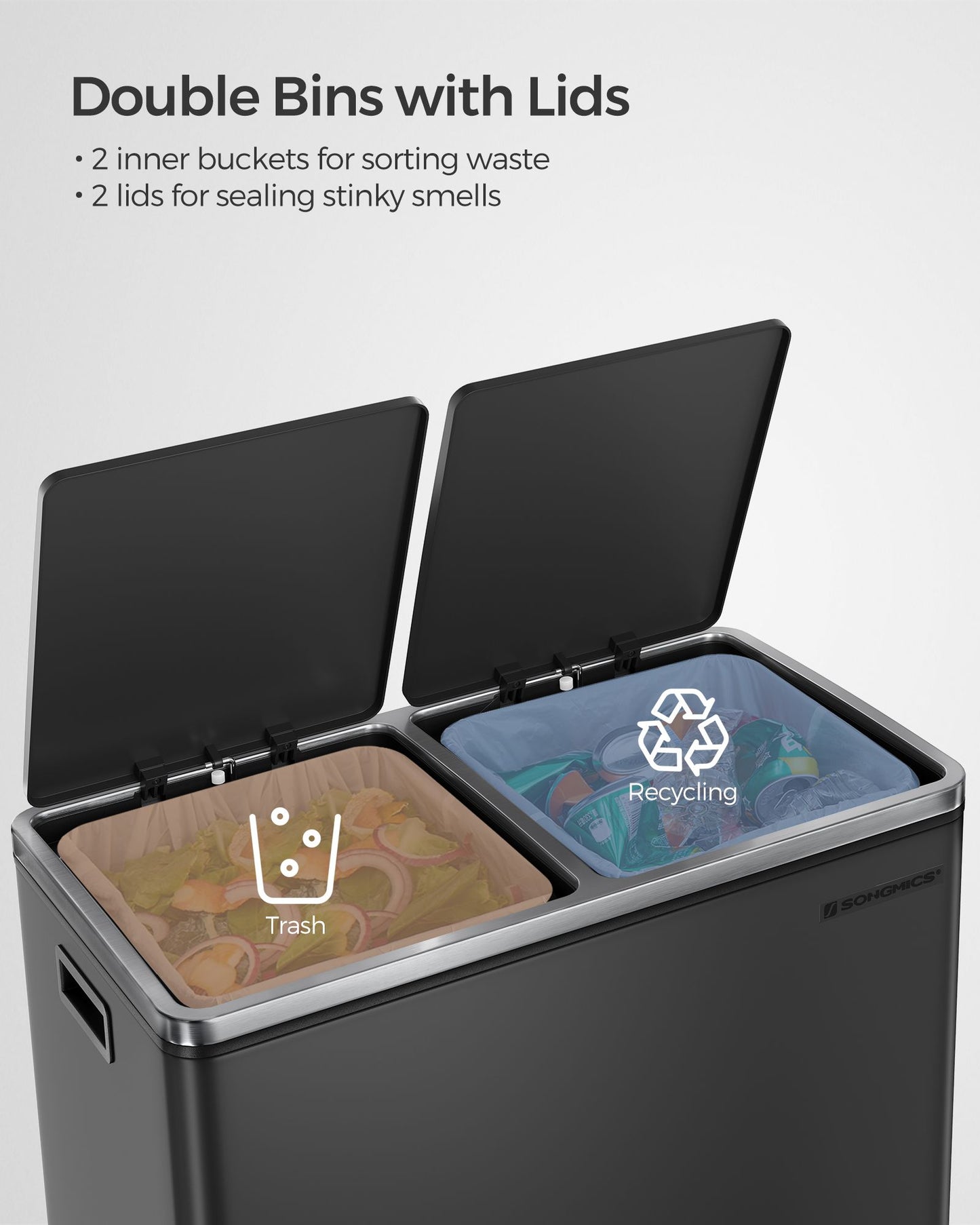 SONGMICS Dual Compartment Kitchen Trash Can with Airtight Hinged Lids – Black