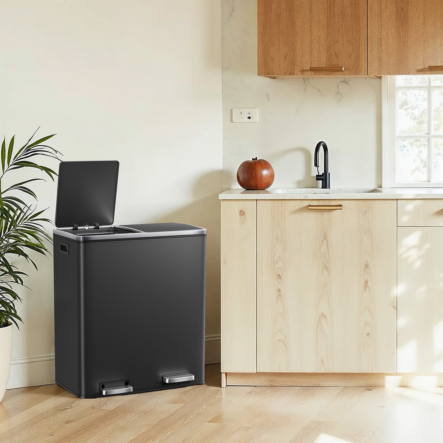 SONGMICS Dual Compartment Kitchen Trash Can with Airtight Hinged Lids – Black