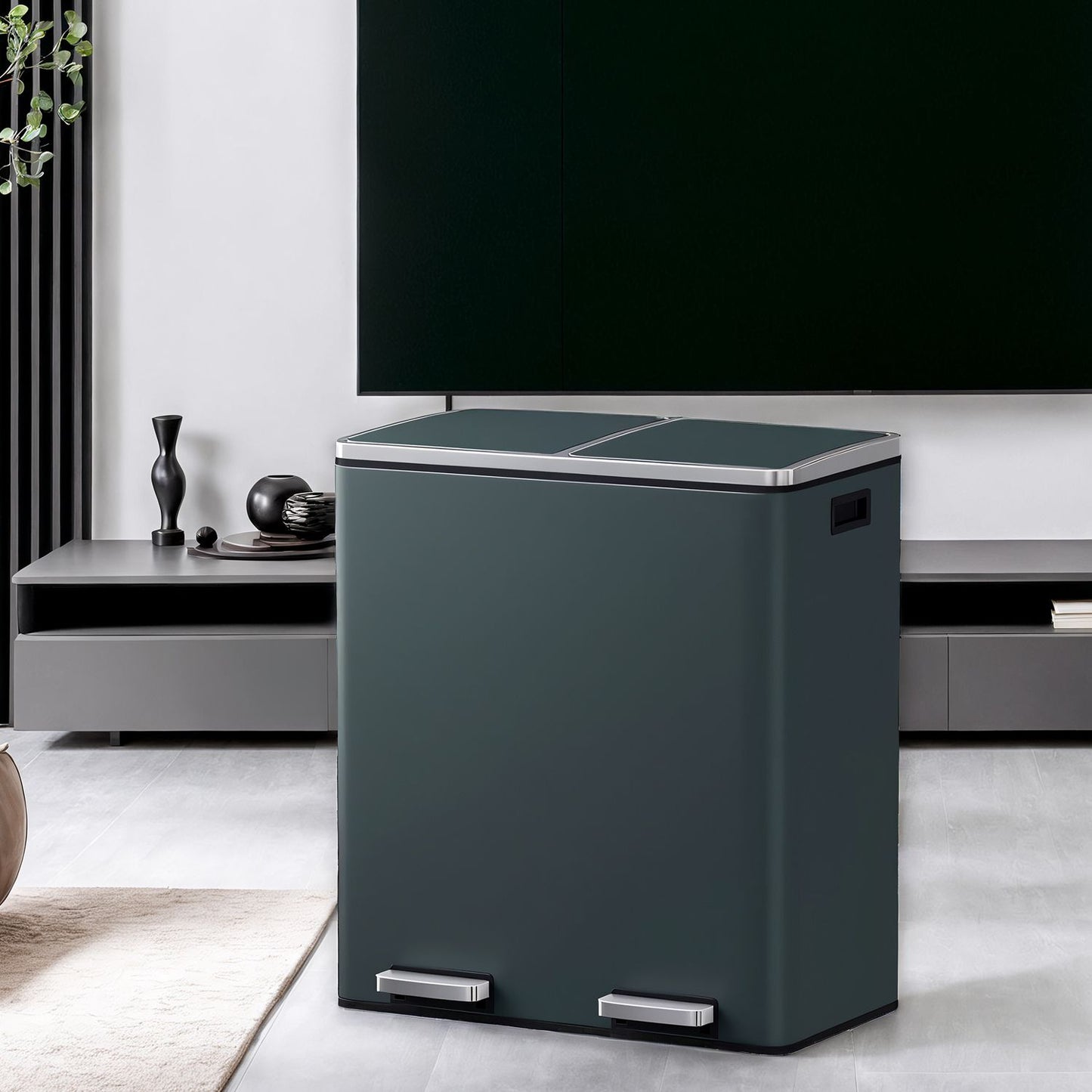 SONGMICS Dual Compartment Kitchen Trash Can with Airtight Hinged Lids – Greenish-Gray